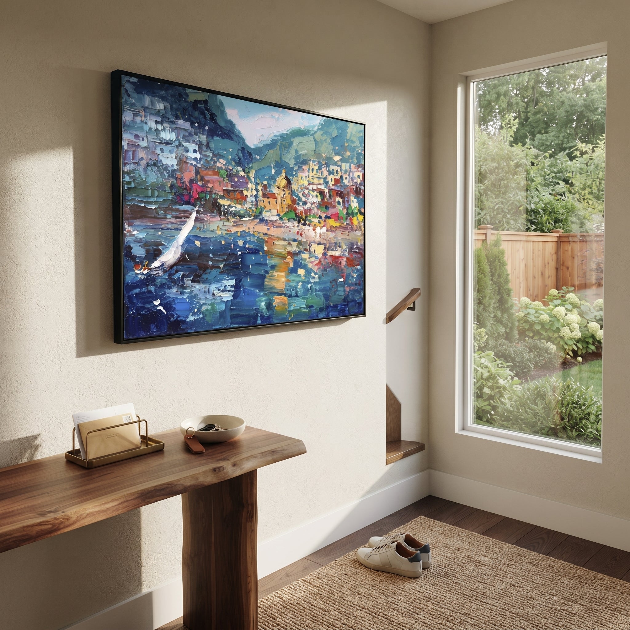 "Sailing Coast Garden Coastal with Blue Shutters Painting" focuses on atmosphere, surface movement, and sculptural heavy impasto craftsmanship rather than a fixed literal storyline. The composition uses this hand-painted Mediterranean canvas features sailboats on a blue bay, flowering terrace, coastal town and luminous summer sky, built with raised palette-knife texture, layered brushwork, and luminous coastal color as the visual anchor, while layered palette-knife paint, raised plaster-like