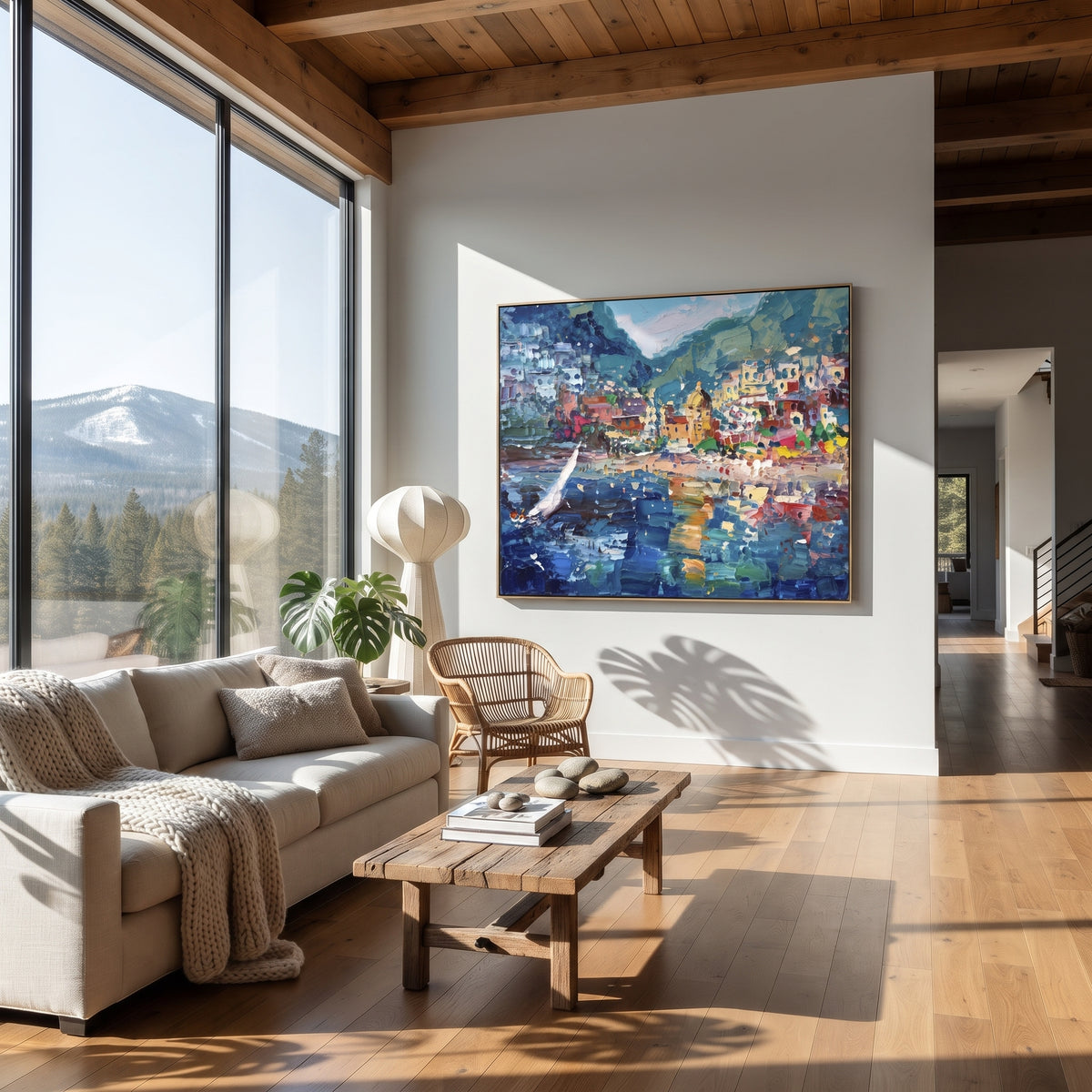 "Sailing Coast Garden Coastal with Blue Shutters Painting" focuses on atmosphere, surface movement, and sculptural heavy impasto craftsmanship rather than a fixed literal storyline. The composition uses this hand-painted Mediterranean canvas features sailboats on a blue bay, flowering terrace, coastal town and luminous summer sky, built with raised palette-knife texture, layered brushwork, and luminous coastal color as the visual anchor, while layered palette-knife paint, raised plaster-like