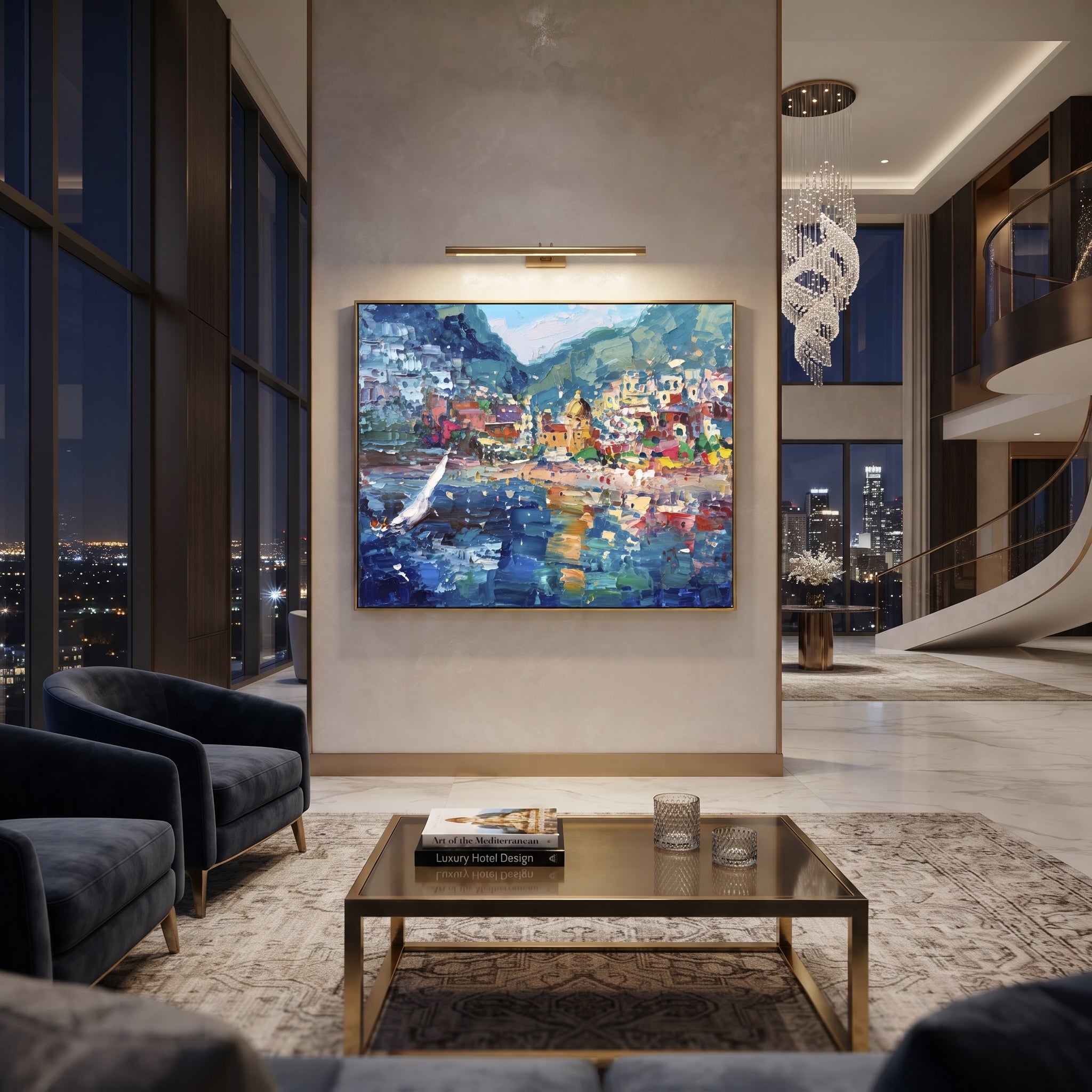 "Sailing Coast Garden Coastal with Blue Shutters Painting" focuses on atmosphere, surface movement, and sculptural heavy impasto craftsmanship rather than a fixed literal storyline. The composition uses this hand-painted Mediterranean canvas features sailboats on a blue bay, flowering terrace, coastal town and luminous summer sky, built with raised palette-knife texture, layered brushwork, and luminous coastal color as the visual anchor, while layered palette-knife paint, raised plaster-like