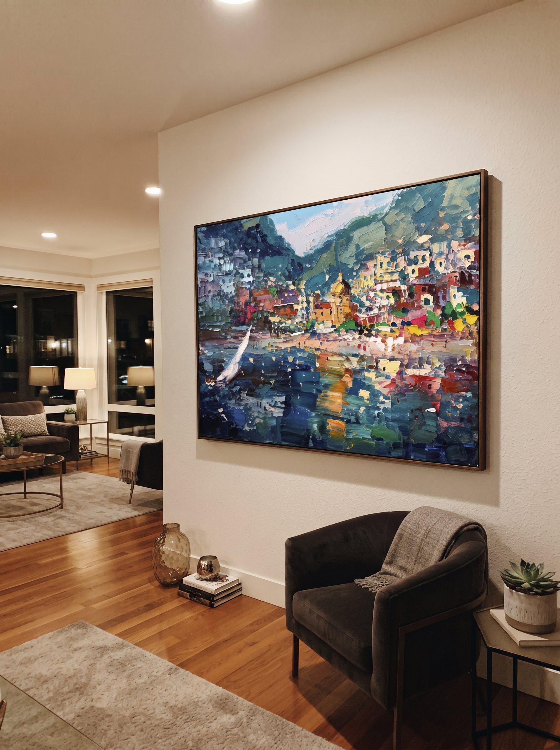 "Sailing Coast Garden Coastal with Blue Shutters Painting" focuses on atmosphere, surface movement, and sculptural heavy impasto craftsmanship rather than a fixed literal storyline. The composition uses this hand-painted Mediterranean canvas features sailboats on a blue bay, flowering terrace, coastal town and luminous summer sky, built with raised palette-knife texture, layered brushwork, and luminous coastal color as the visual anchor, while layered palette-knife paint, raised plaster-like