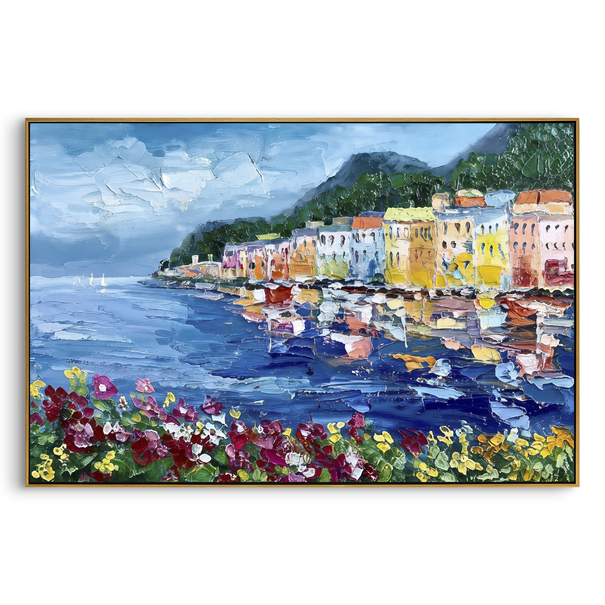 "Flowered Cliff Vista Study Painting" focuses on atmosphere, surface movement, and sculptural heavy impasto craftsmanship rather than a fixed literal storyline. The composition uses this hand-painted Mediterranean canvas features steep coastal cliffs, hillside village, deep blue water, floral foreground, textured sky, built with raised palette-knife texture, layered brushwork, and luminous coastal color as the visual anchor, while layered palette-knife paint, raised plaster-like texture, and