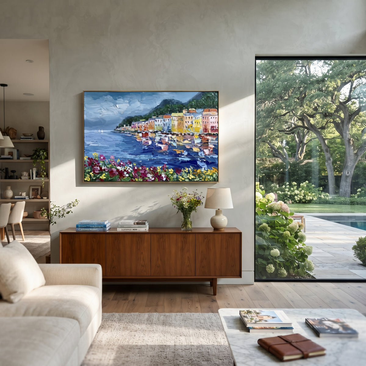 "Flowered Cliff Vista Study Painting" focuses on atmosphere, surface movement, and sculptural heavy impasto craftsmanship rather than a fixed literal storyline. The composition uses this hand-painted Mediterranean canvas features steep coastal cliffs, hillside village, deep blue water, floral foreground, textured sky, built with raised palette-knife texture, layered brushwork, and luminous coastal color as the visual anchor, while layered palette-knife paint, raised plaster-like texture, and