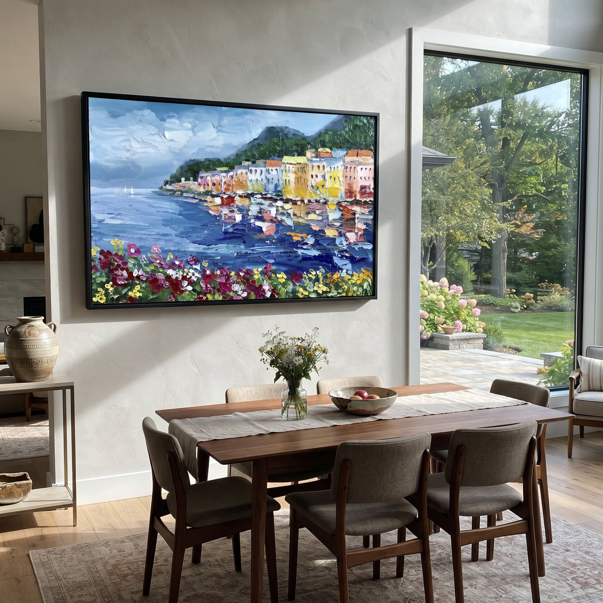 "Flowered Cliff Vista Study Painting" focuses on atmosphere, surface movement, and sculptural heavy impasto craftsmanship rather than a fixed literal storyline. The composition uses this hand-painted Mediterranean canvas features steep coastal cliffs, hillside village, deep blue water, floral foreground, textured sky, built with raised palette-knife texture, layered brushwork, and luminous coastal color as the visual anchor, while layered palette-knife paint, raised plaster-like texture, and