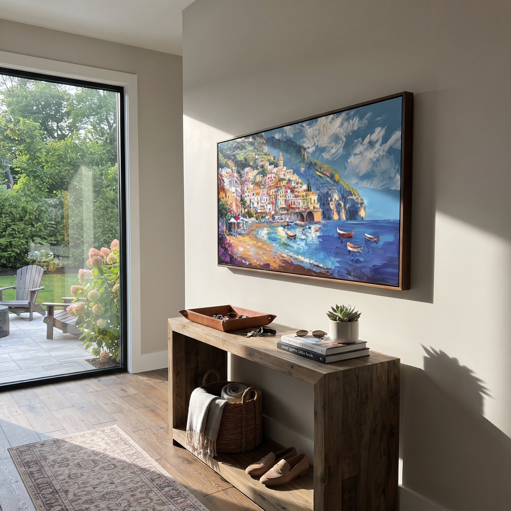 "Harbor Village Reflections Coastal with White Steps Painting" focuses on atmosphere, surface movement, and sculptural heavy impasto craftsmanship rather than a fixed literal storyline. The composition uses this hand-painted Mediterranean canvas features colorful waterfront houses, moored boats, shimmering blue harbor reflections, pastel sky, built with raised palette-knife texture, layered brushwork, and luminous coastal color as the visual anchor, while layered palette-knife paint, raised