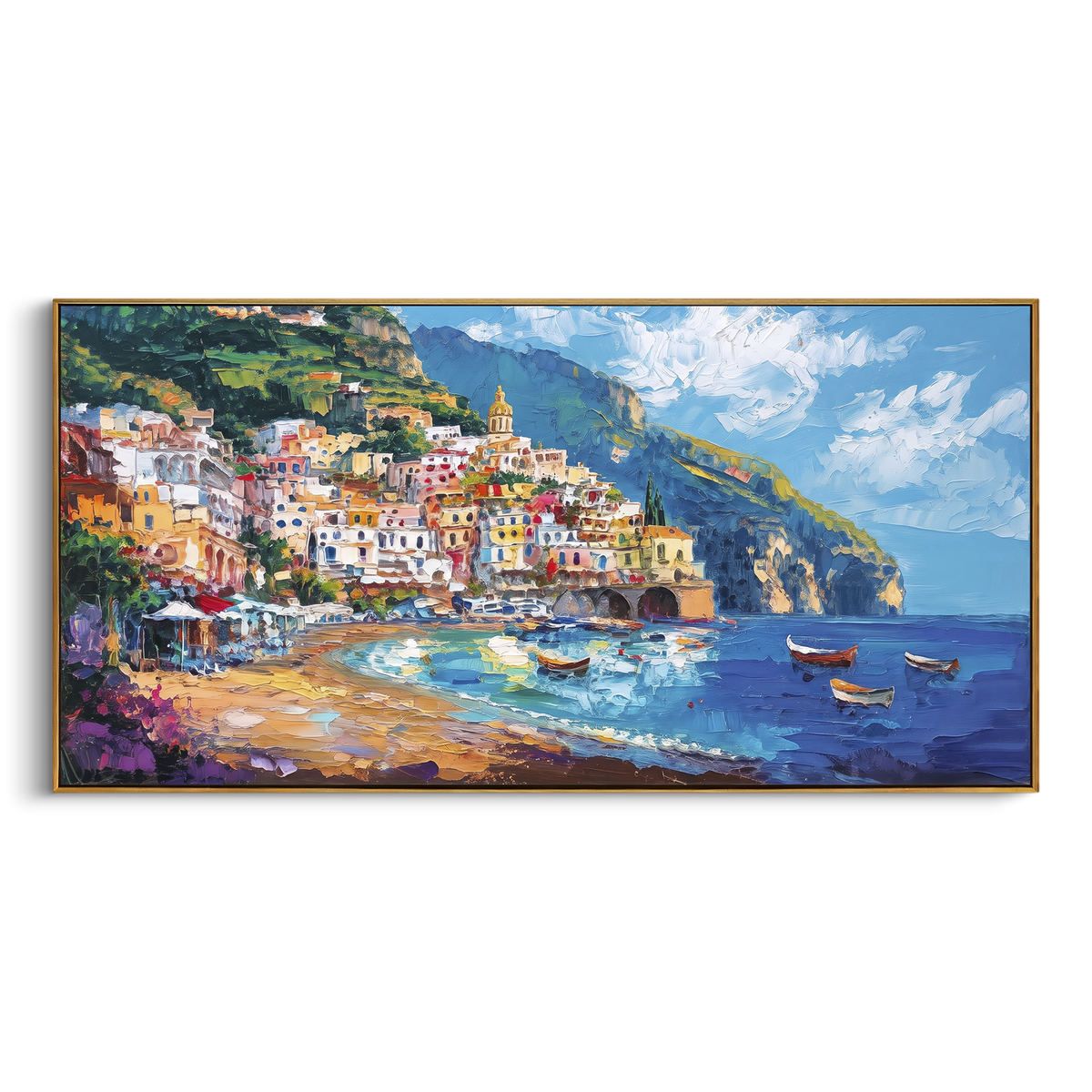 "Harbor Village Reflections Coastal with White Steps Painting" - Modern Heavy Impasto Coastal Landscape | Blue & Orange Palette Knife Painting | Luxury Horizontal Wall Art #PT 1654