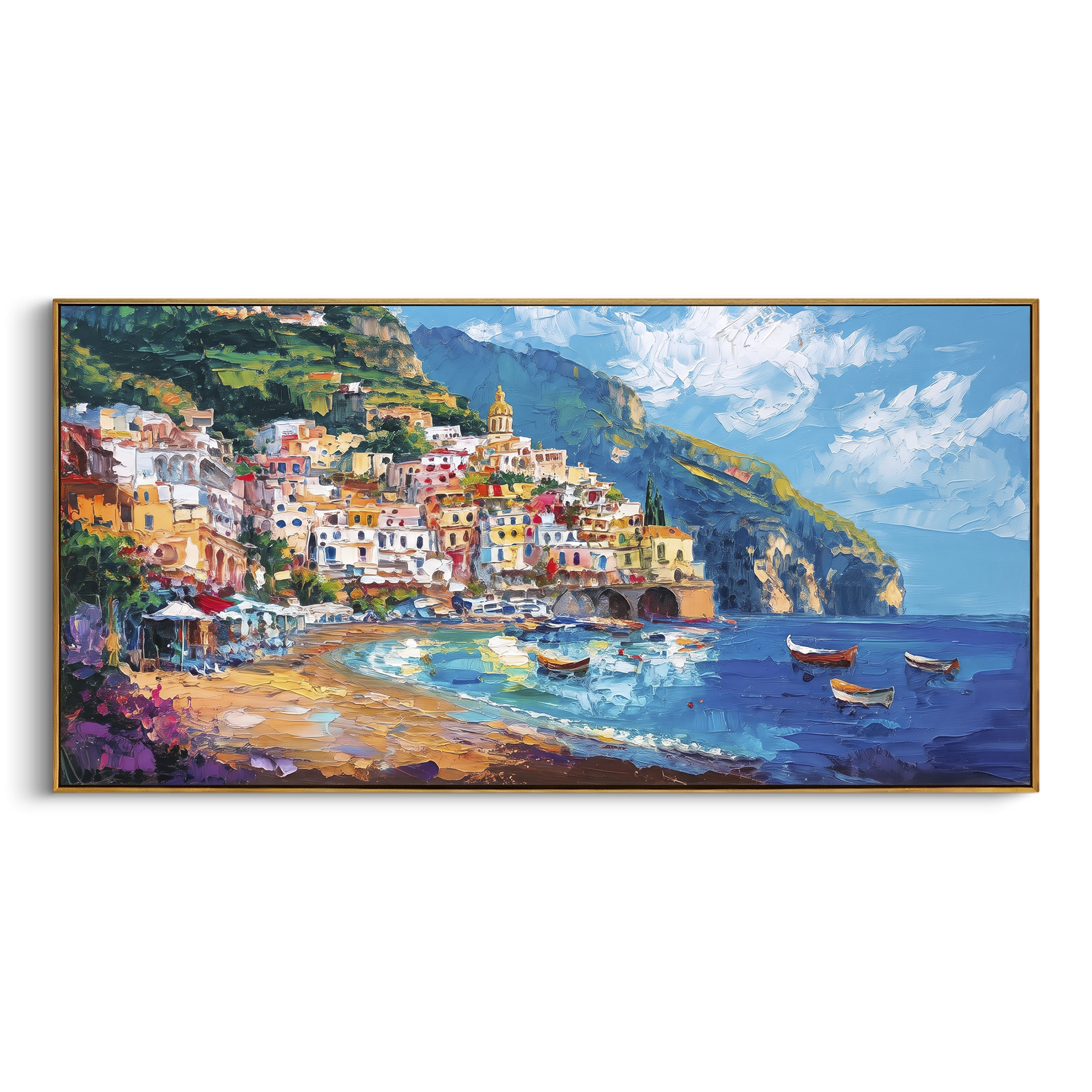 "Harbor Village Reflections Coastal with White Steps Painting" focuses on atmosphere, surface movement, and sculptural heavy impasto craftsmanship rather than a fixed literal storyline. The composition uses this hand-painted Mediterranean canvas features colorful waterfront houses, moored boats, shimmering blue harbor reflections, pastel sky, built with raised palette-knife texture, layered brushwork, and luminous coastal color as the visual anchor, while layered palette-knife paint, raised