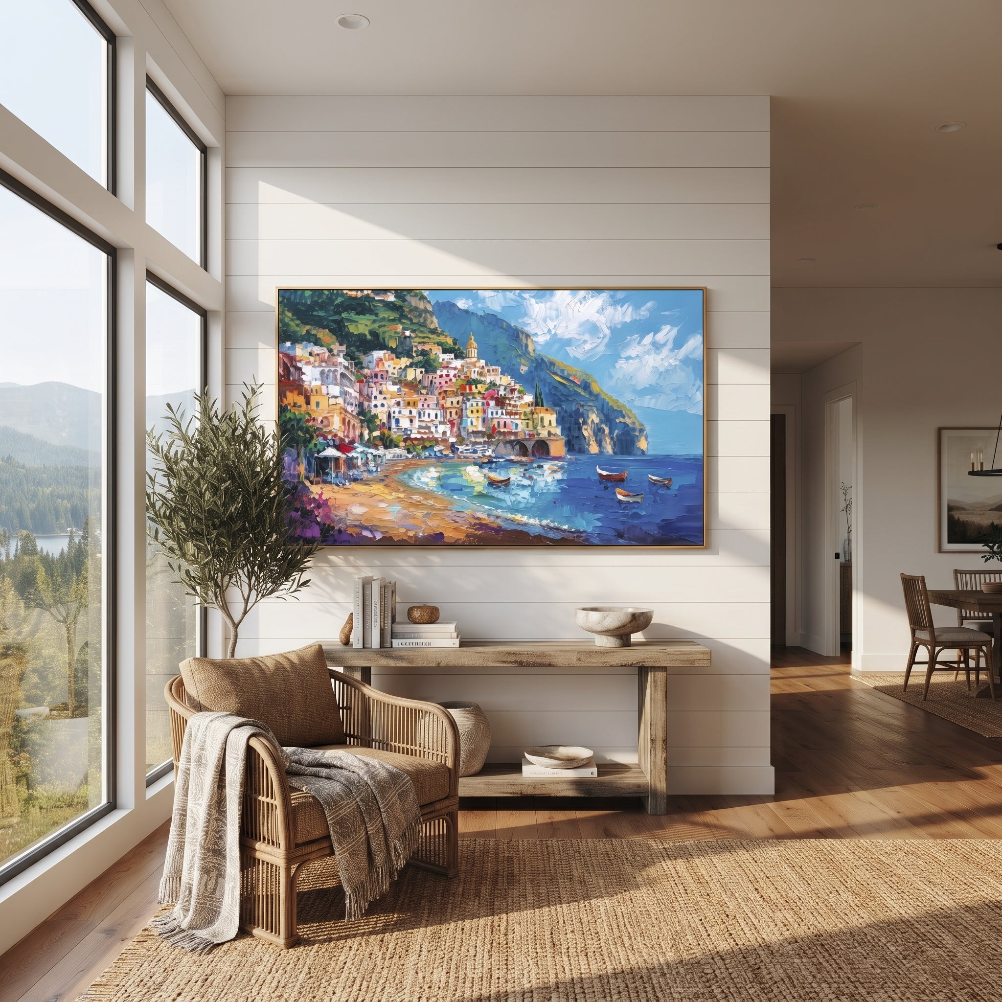"Harbor Village Reflections Coastal with White Steps Painting" focuses on atmosphere, surface movement, and sculptural heavy impasto craftsmanship rather than a fixed literal storyline. The composition uses this hand-painted Mediterranean canvas features colorful waterfront houses, moored boats, shimmering blue harbor reflections, pastel sky, built with raised palette-knife texture, layered brushwork, and luminous coastal color as the visual anchor, while layered palette-knife paint, raised