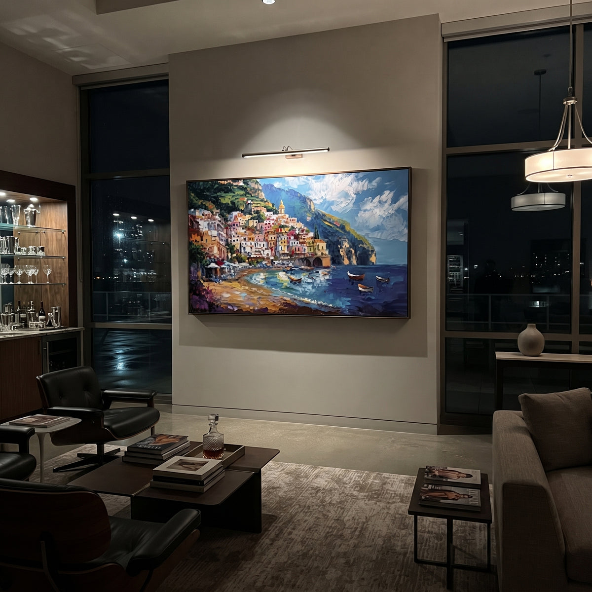 "Harbor Village Reflections Coastal with White Steps Painting" focuses on atmosphere, surface movement, and sculptural heavy impasto craftsmanship rather than a fixed literal storyline. The composition uses this hand-painted Mediterranean canvas features colorful waterfront houses, moored boats, shimmering blue harbor reflections, pastel sky, built with raised palette-knife texture, layered brushwork, and luminous coastal color as the visual anchor, while layered palette-knife paint, raised