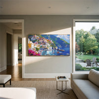 "Harbor Village Reflections Coastal with Bougainvillea Painting" focuses on atmosphere, surface movement, and sculptural heavy impasto craftsmanship rather than a fixed literal storyline. The composition uses this hand-painted Mediterranean canvas features colorful waterfront houses, moored boats, shimmering blue harbor reflections, pastel sky, built with raised palette-knife texture, layered brushwork, and luminous coastal color as the visual anchor, while layered palette-knife paint, raised