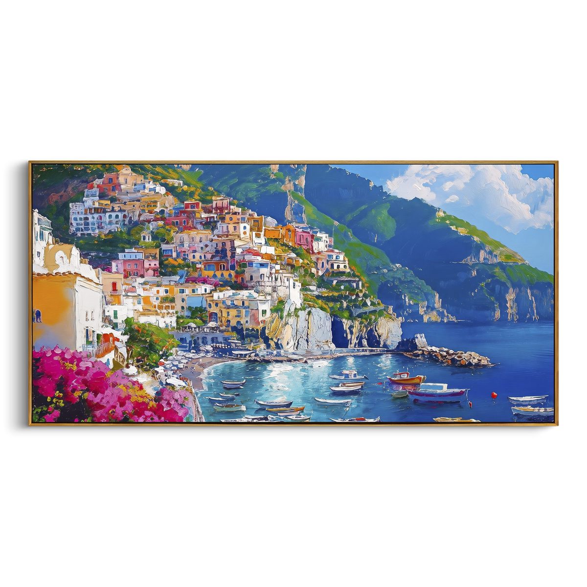 "Harbor Village Reflections Coastal with Bougainvillea Painting" - Modern Heavy Impasto Coastal Landscape | Blue & Orange Palette Knife Painting | Luxury Horizontal Wall Art #PT 1655