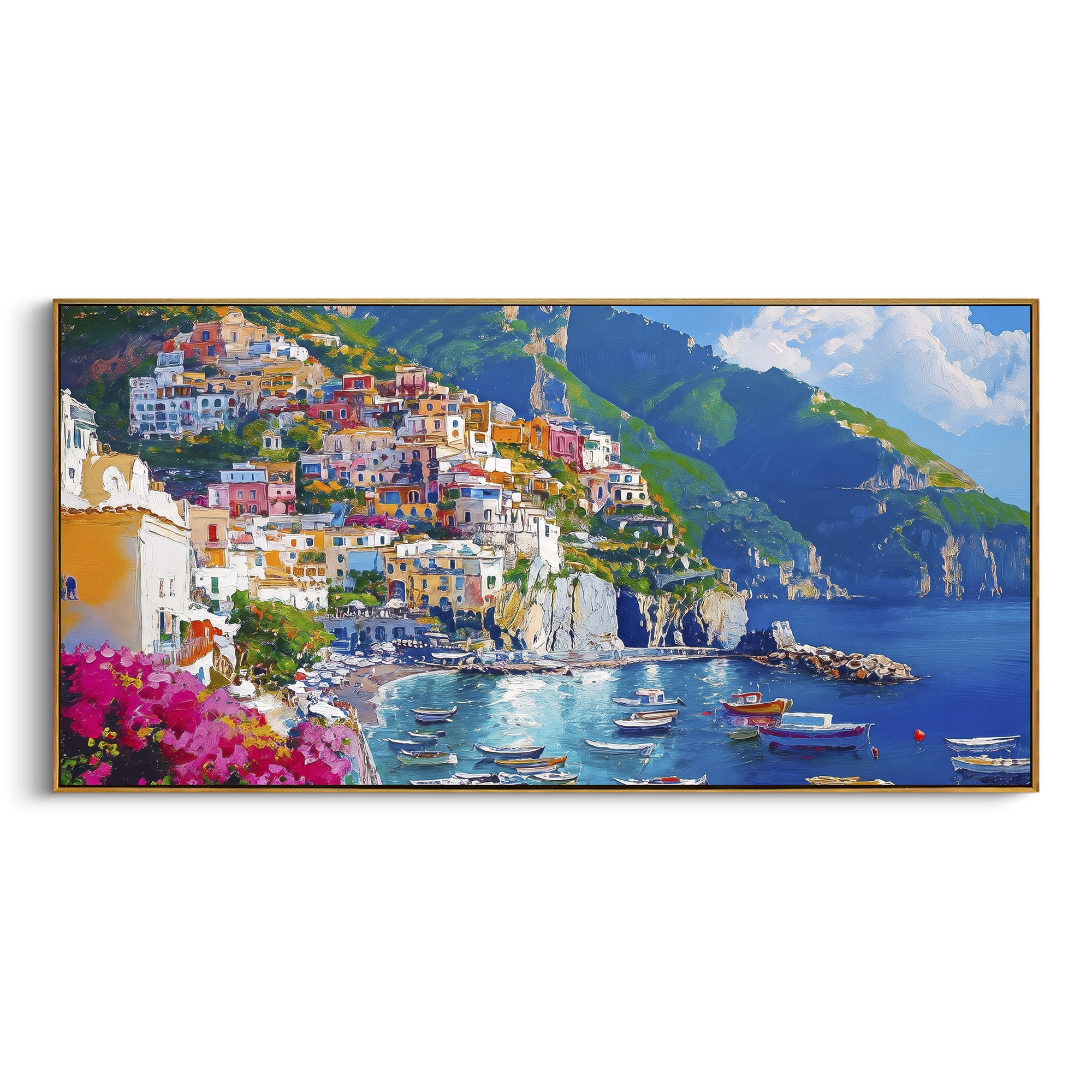 "Harbor Village Reflections Coastal with Bougainvillea Painting" focuses on atmosphere, surface movement, and sculptural heavy impasto craftsmanship rather than a fixed literal storyline. The composition uses this hand-painted Mediterranean canvas features colorful waterfront houses, moored boats, shimmering blue harbor reflections, pastel sky, built with raised palette-knife texture, layered brushwork, and luminous coastal color as the visual anchor, while layered palette-knife paint, raised