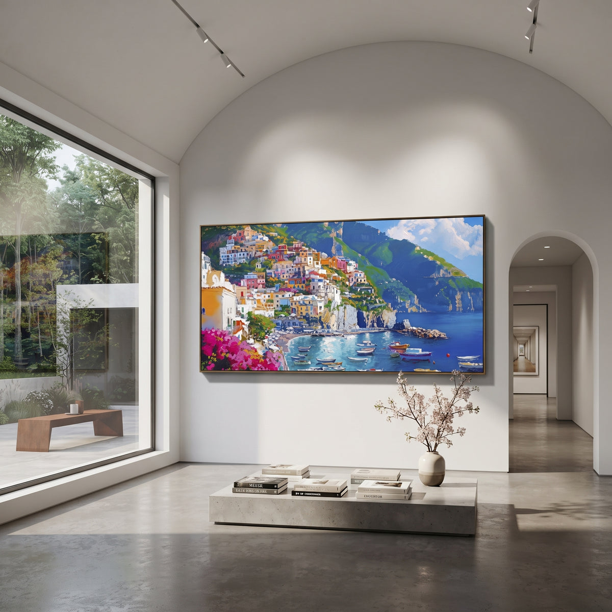 "Harbor Village Reflections Coastal with Bougainvillea Painting" focuses on atmosphere, surface movement, and sculptural heavy impasto craftsmanship rather than a fixed literal storyline. The composition uses this hand-painted Mediterranean canvas features colorful waterfront houses, moored boats, shimmering blue harbor reflections, pastel sky, built with raised palette-knife texture, layered brushwork, and luminous coastal color as the visual anchor, while layered palette-knife paint, raised