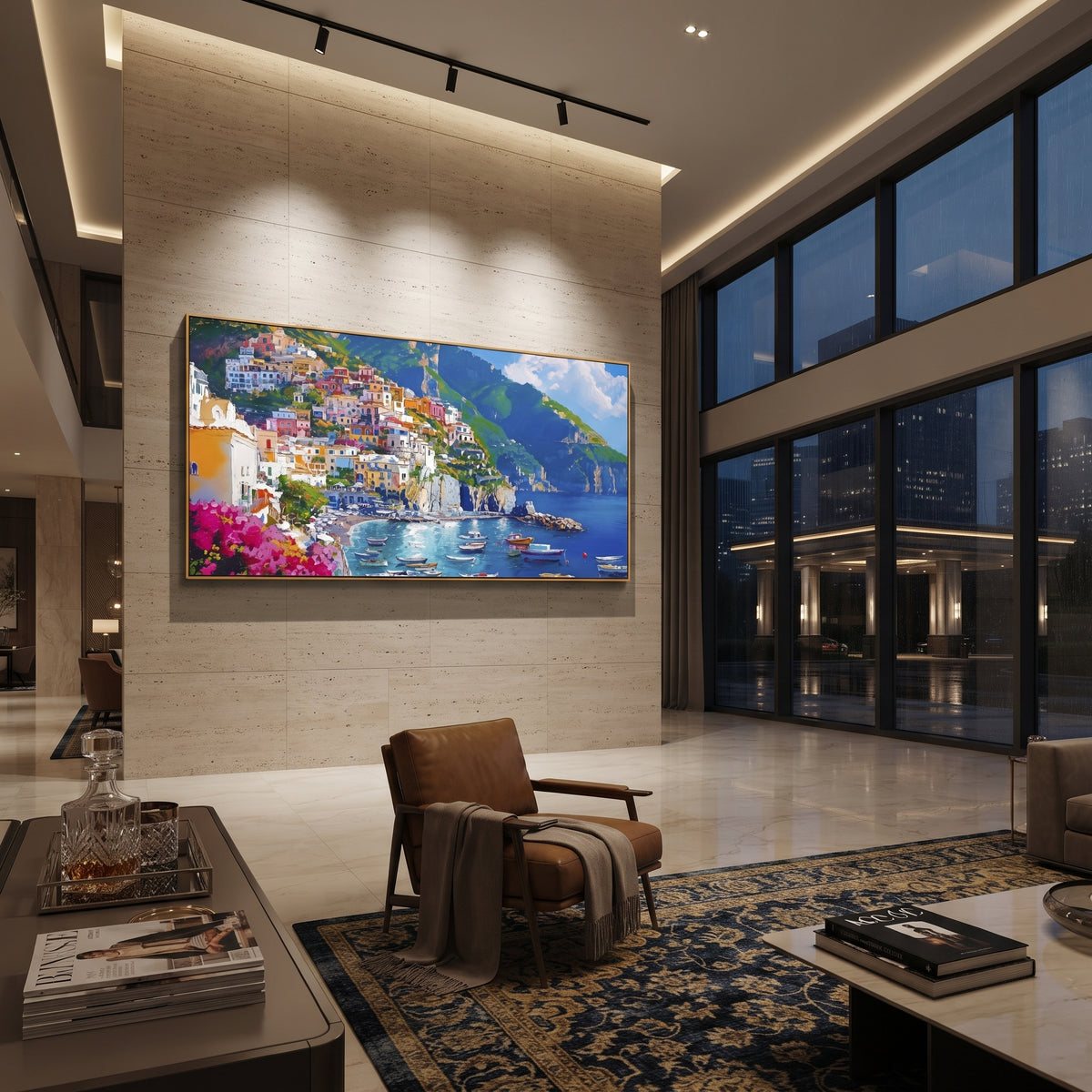 "Harbor Village Reflections Coastal with Bougainvillea Painting" focuses on atmosphere, surface movement, and sculptural heavy impasto craftsmanship rather than a fixed literal storyline. The composition uses this hand-painted Mediterranean canvas features colorful waterfront houses, moored boats, shimmering blue harbor reflections, pastel sky, built with raised palette-knife texture, layered brushwork, and luminous coastal color as the visual anchor, while layered palette-knife paint, raised