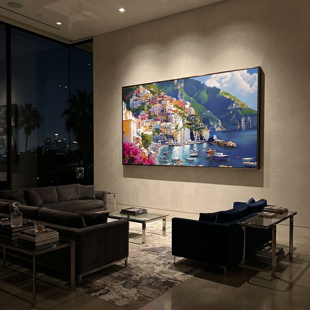 "Harbor Village Reflections Coastal with Bougainvillea Painting" focuses on atmosphere, surface movement, and sculptural heavy impasto craftsmanship rather than a fixed literal storyline. The composition uses this hand-painted Mediterranean canvas features colorful waterfront houses, moored boats, shimmering blue harbor reflections, pastel sky, built with raised palette-knife texture, layered brushwork, and luminous coastal color as the visual anchor, while layered palette-knife paint, raised