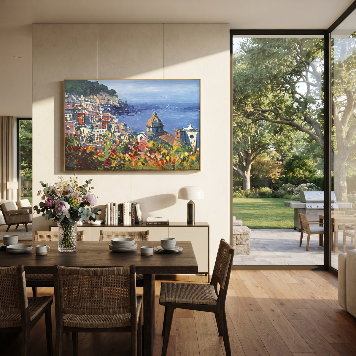 "Sailing Coast Garden Coastal with Terracotta Roofs Painting" focuses on atmosphere, surface movement, and sculptural heavy impasto craftsmanship rather than a fixed literal storyline. The composition uses this hand-painted Mediterranean canvas features sailboats on a blue bay, flowering terrace, coastal town and luminous summer sky, built with raised palette-knife texture, layered brushwork, and luminous coastal color as the visual anchor, while layered palette-knife paint, raised plaster-like