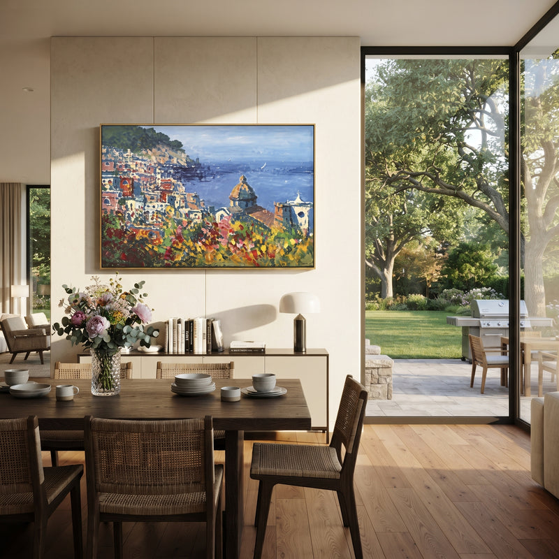 "Sailing Coast Garden Coastal with Terracotta Roofs Painting" - Modern Heavy Impasto Coastal Landscape | Blue & Pink Palette Knife Painting | Luxury Horizontal Wall Art #PT 1656