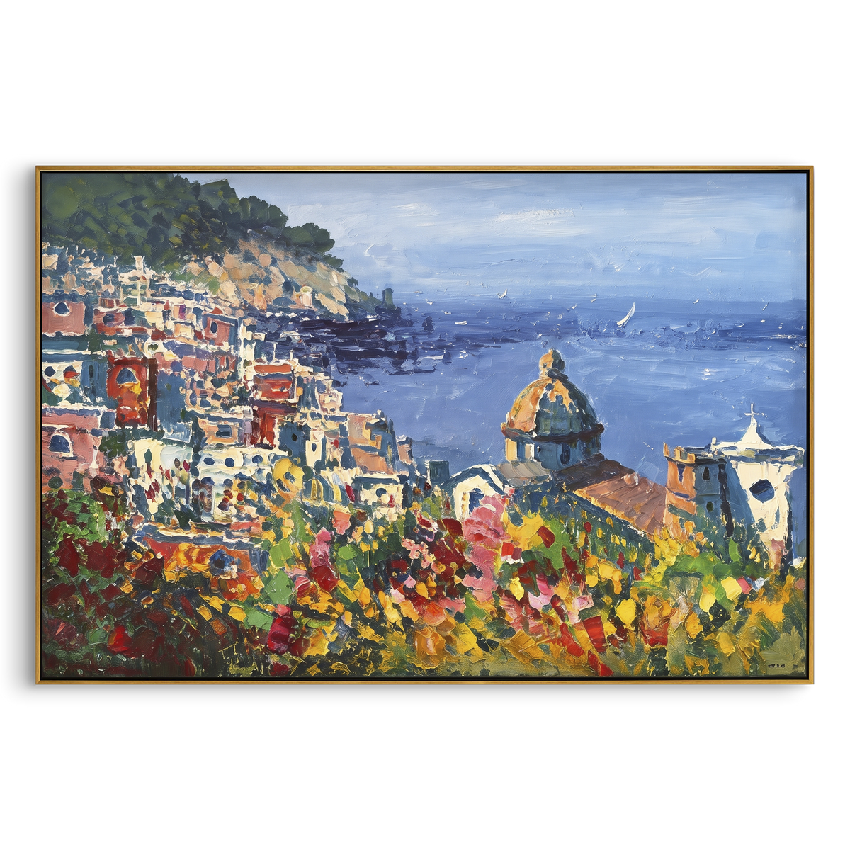 "Sailing Coast Garden Coastal with Terracotta Roofs Painting" - Modern Heavy Impasto Coastal Landscape | Blue & Pink Palette Knife Painting | Luxury Horizontal Wall Art #PT 1656