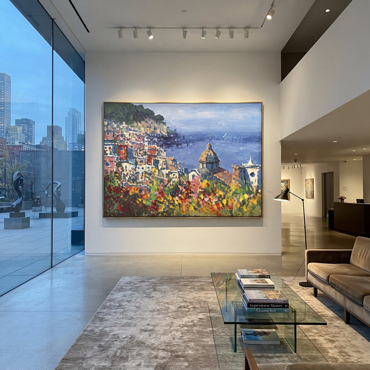 "Sailing Coast Garden Coastal with Terracotta Roofs Painting" focuses on atmosphere, surface movement, and sculptural heavy impasto craftsmanship rather than a fixed literal storyline. The composition uses this hand-painted Mediterranean canvas features sailboats on a blue bay, flowering terrace, coastal town and luminous summer sky, built with raised palette-knife texture, layered brushwork, and luminous coastal color as the visual anchor, while layered palette-knife paint, raised plaster-like