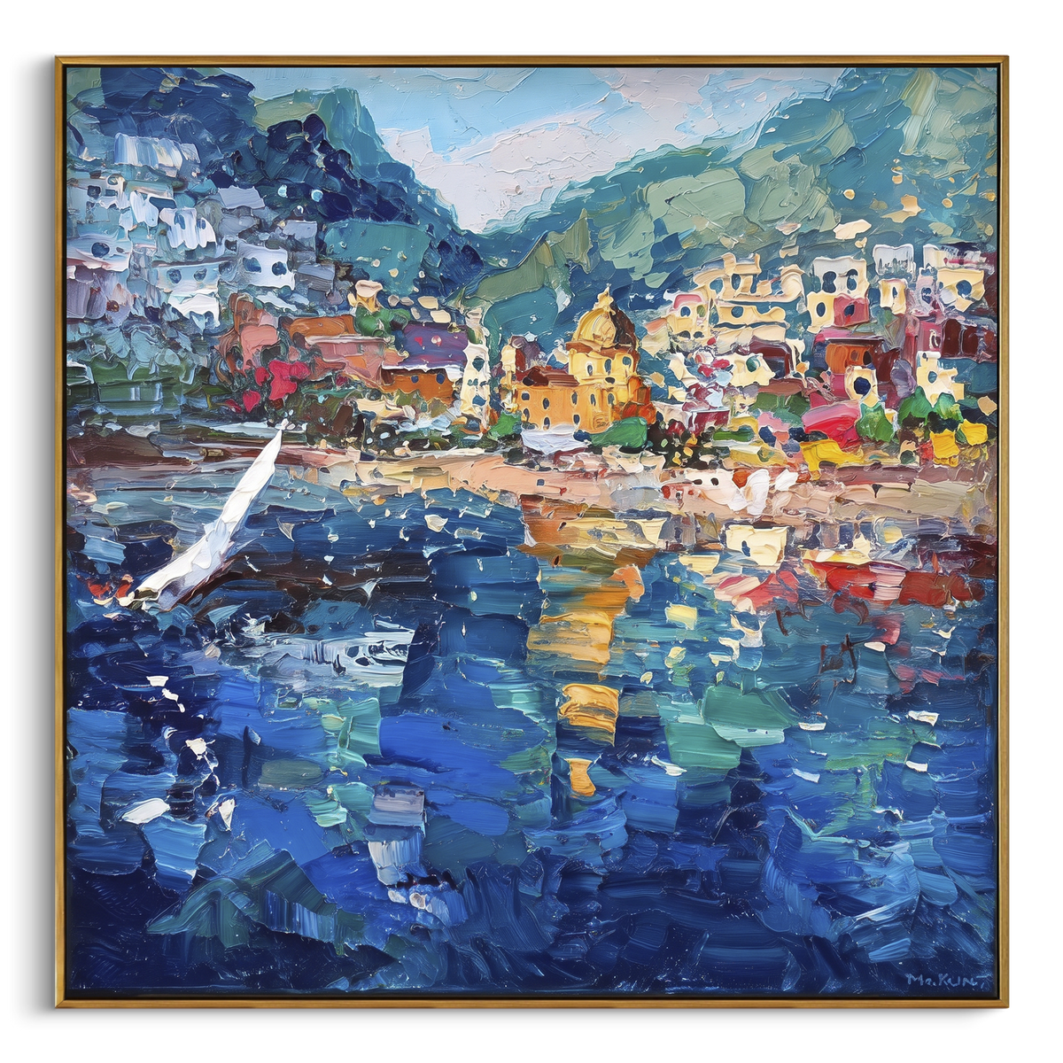 "Harbor Village Reflections Coastal with Lemon Trees Painting" - Modern Heavy Impasto Coastal Landscape | Blue & Orange Palette Knife Painting | Luxury Square Wall Art #PT 1657