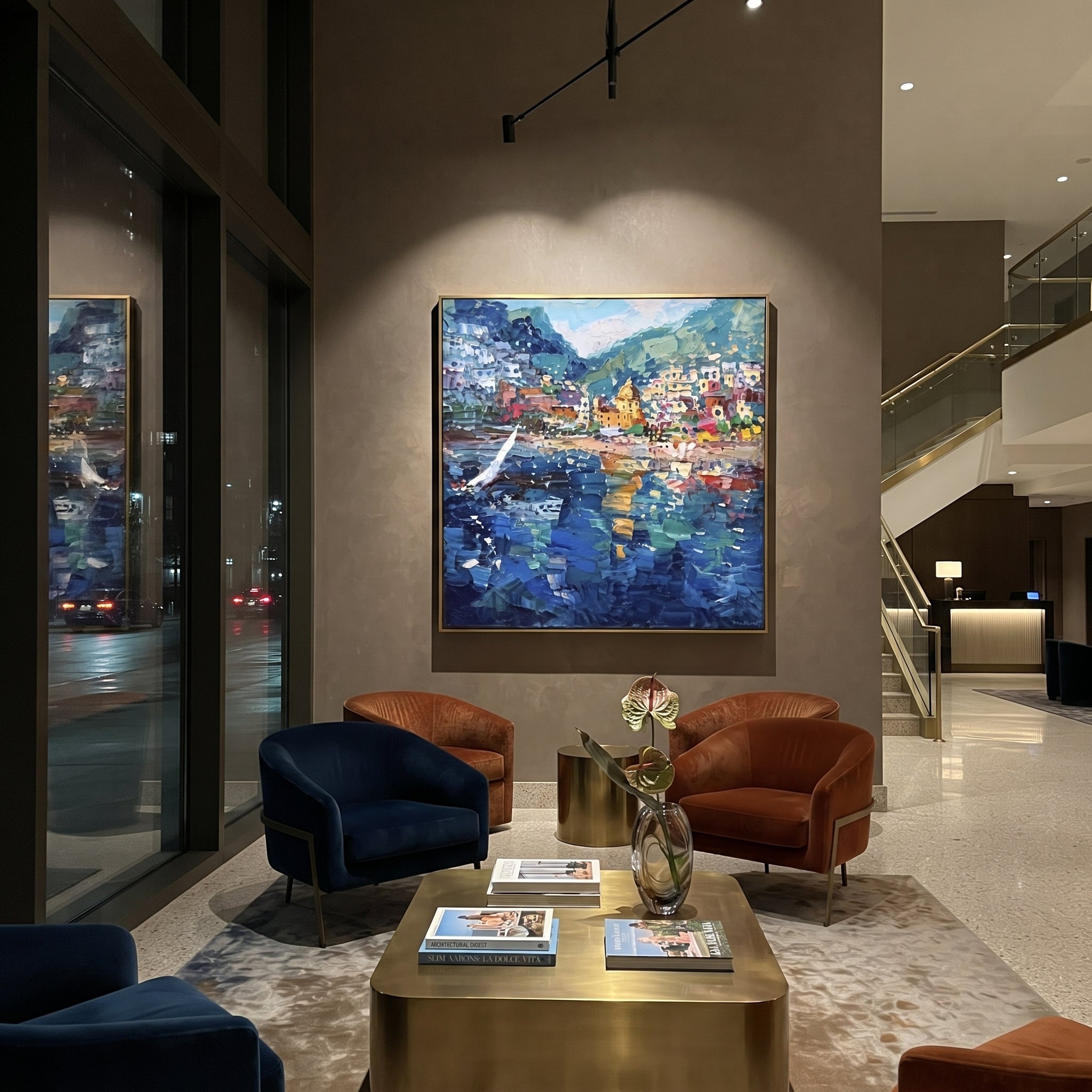 "Harbor Village Reflections Coastal with Lemon Trees Painting" focuses on atmosphere, surface movement, and sculptural heavy impasto craftsmanship rather than a fixed literal storyline. The composition uses this hand-painted Mediterranean canvas features colorful waterfront houses, moored boats, shimmering blue harbor reflections, pastel sky, built with raised palette-knife texture, layered brushwork, and luminous coastal color as the visual anchor, while layered palette-knife paint, raised