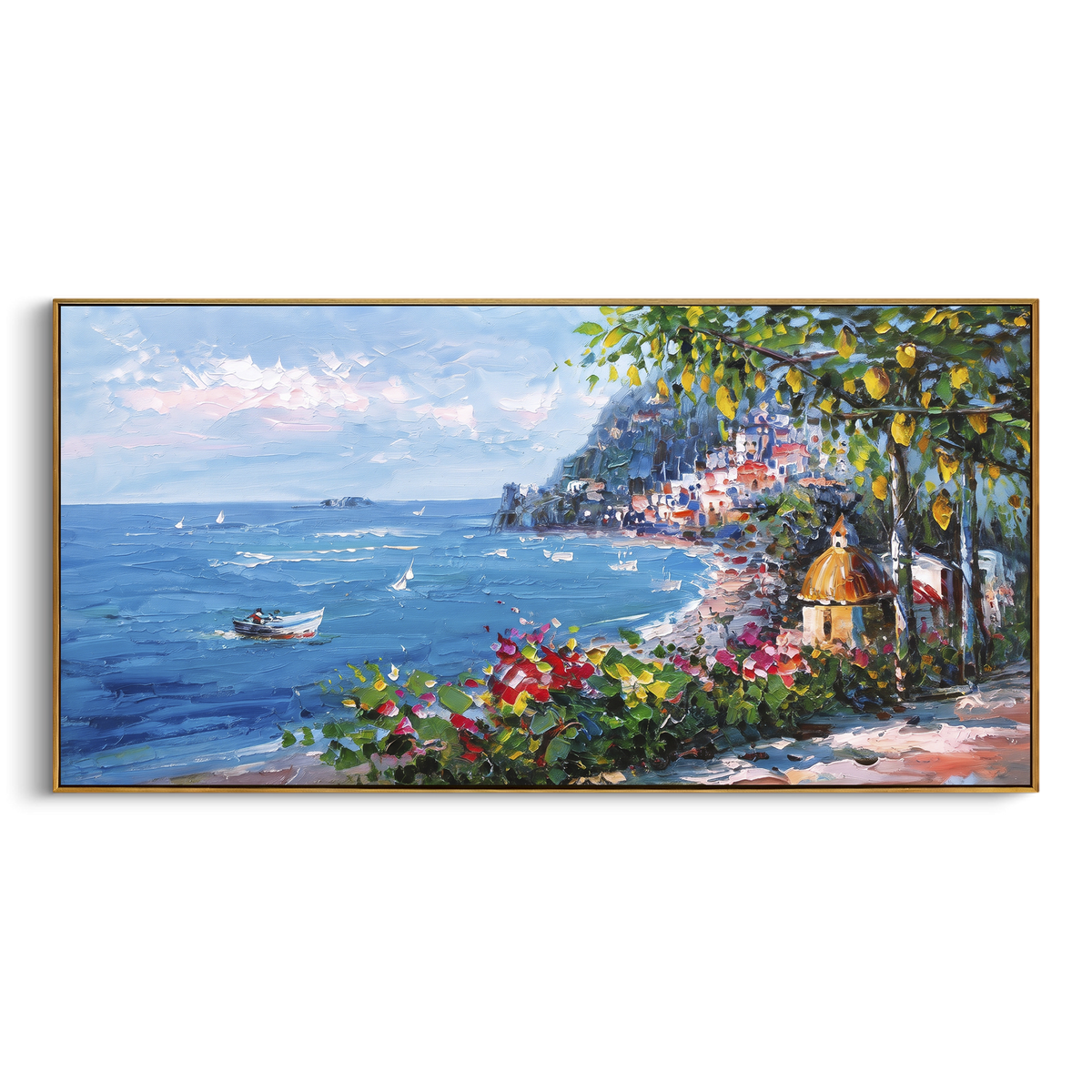 "Harbor Village Reflections Coastal with Blue Shutters Painting" - Modern Heavy Impasto Coastal Landscape | Blue & Orange Palette Knife Painting | Luxury Horizontal Wall Art #PT 1658