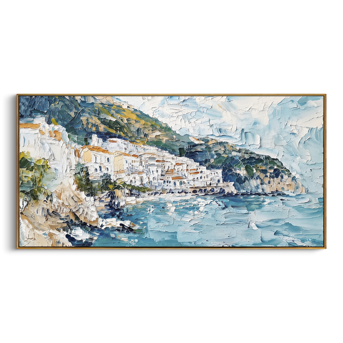 "Painted Village on the Sea Painting" - Modern Heavy Impasto Coastal Landscape | Blue & Orange Palette Knife Painting | Luxury Horizontal Wall Art #PT 1659