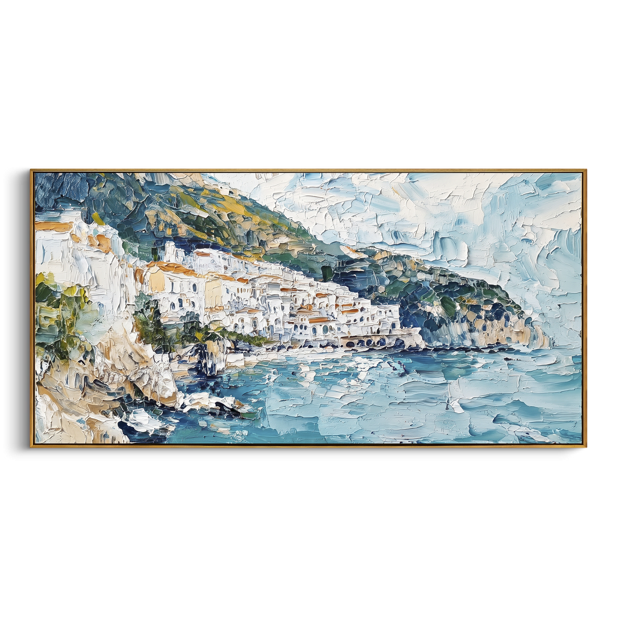 "Painted Village on the Sea Painting" focuses on atmosphere, surface movement, and sculptural heavy impasto craftsmanship rather than a fixed literal storyline. The composition uses this hand-painted Mediterranean canvas features stacked pastel buildings on seaside cliffs, boats below, bright impasto coastal color, built with raised palette-knife texture, layered brushwork, and luminous coastal color as the visual anchor, while layered palette-knife paint, raised plaster-like texture, and
