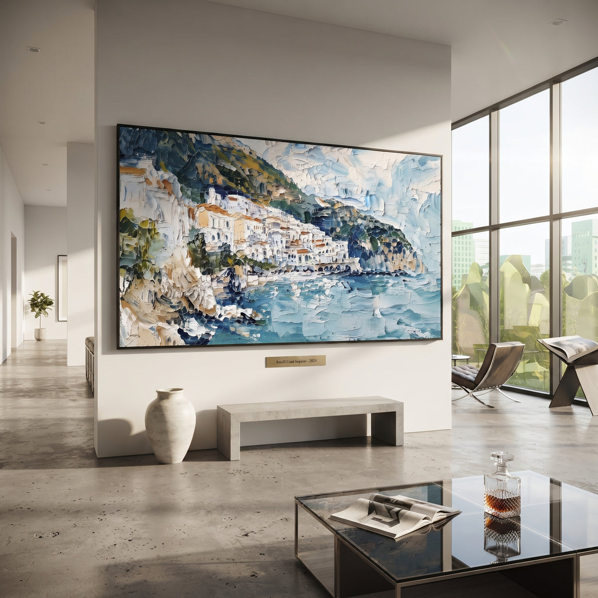 "Painted Village on the Sea Painting" focuses on atmosphere, surface movement, and sculptural heavy impasto craftsmanship rather than a fixed literal storyline. The composition uses this hand-painted Mediterranean canvas features stacked pastel buildings on seaside cliffs, boats below, bright impasto coastal color, built with raised palette-knife texture, layered brushwork, and luminous coastal color as the visual anchor, while layered palette-knife paint, raised plaster-like texture, and