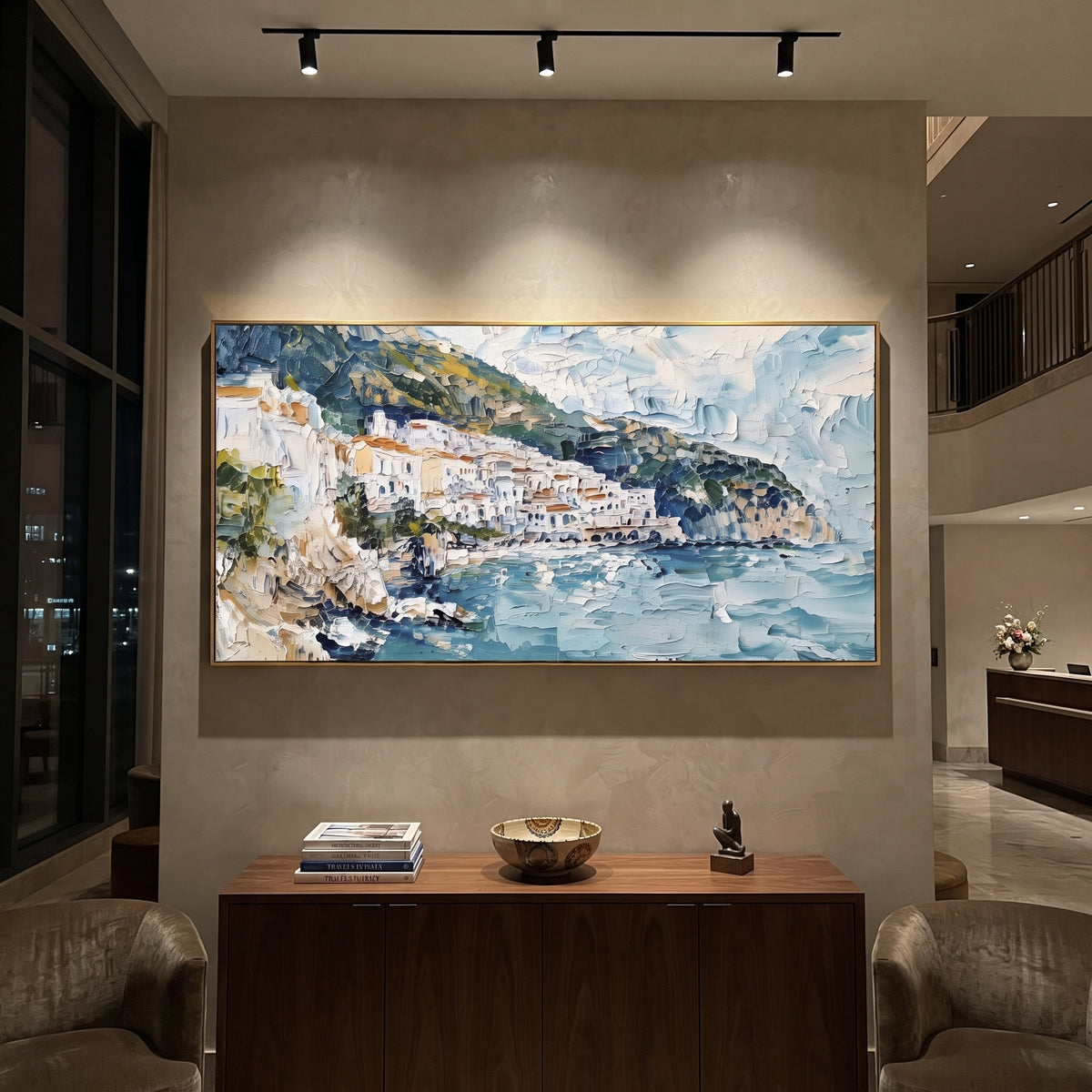 "Painted Village on the Sea Painting" focuses on atmosphere, surface movement, and sculptural heavy impasto craftsmanship rather than a fixed literal storyline. The composition uses this hand-painted Mediterranean canvas features stacked pastel buildings on seaside cliffs, boats below, bright impasto coastal color, built with raised palette-knife texture, layered brushwork, and luminous coastal color as the visual anchor, while layered palette-knife paint, raised plaster-like texture, and
