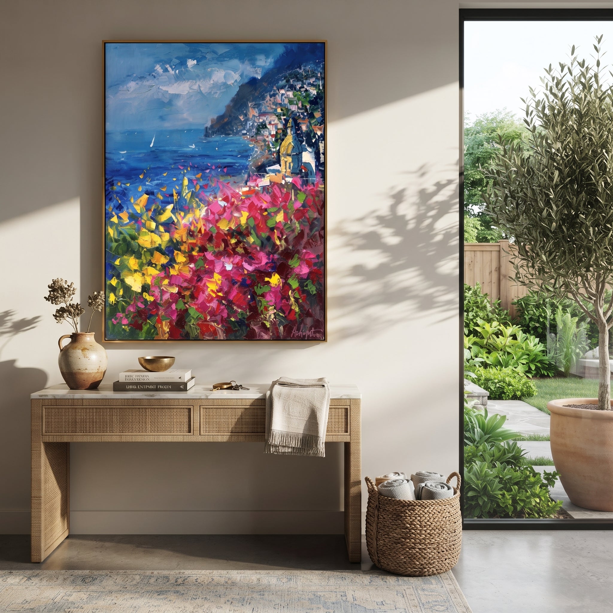 "Mediterranean Cliff View Study Painting" focuses on atmosphere, surface movement, and sculptural heavy impasto craftsmanship rather than a fixed literal storyline. The composition uses this hand-painted Mediterranean canvas features steep coastal cliffs, hillside village, deep blue water, floral foreground, textured sky, built with raised palette-knife texture, layered brushwork, and luminous coastal color as the visual anchor, while layered palette-knife paint, raised plaster-like texture, and