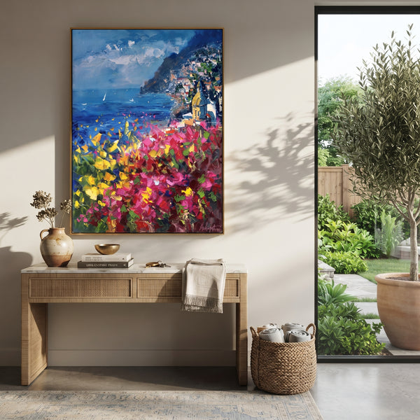 "Mediterranean Cliff View Study Painting" - Modern Heavy Impasto Coastal Landscape | Blue & Green Palette Knife Painting | Luxury Vertical Wall Art #PT 1660