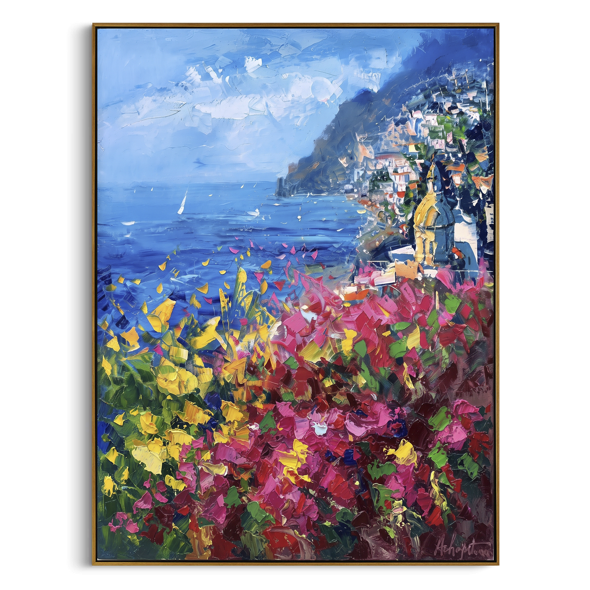 "Mediterranean Cliff View Study Painting" - Modern Heavy Impasto Coastal Landscape | Blue & Green Palette Knife Painting | Luxury Vertical Wall Art #PT 1660