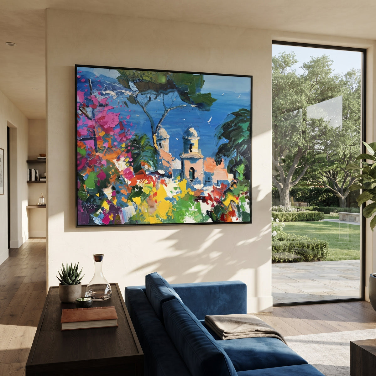 "Hillside Sea Coast Study Painting" focuses on atmosphere, surface movement, and sculptural heavy impasto craftsmanship rather than a fixed literal storyline. The composition uses this hand-painted Mediterranean canvas features steep coastal cliffs, hillside village, deep blue water, floral foreground, textured sky, built with raised palette-knife texture, layered brushwork, and luminous coastal color as the visual anchor, while layered palette-knife paint, raised plaster-like texture, and
