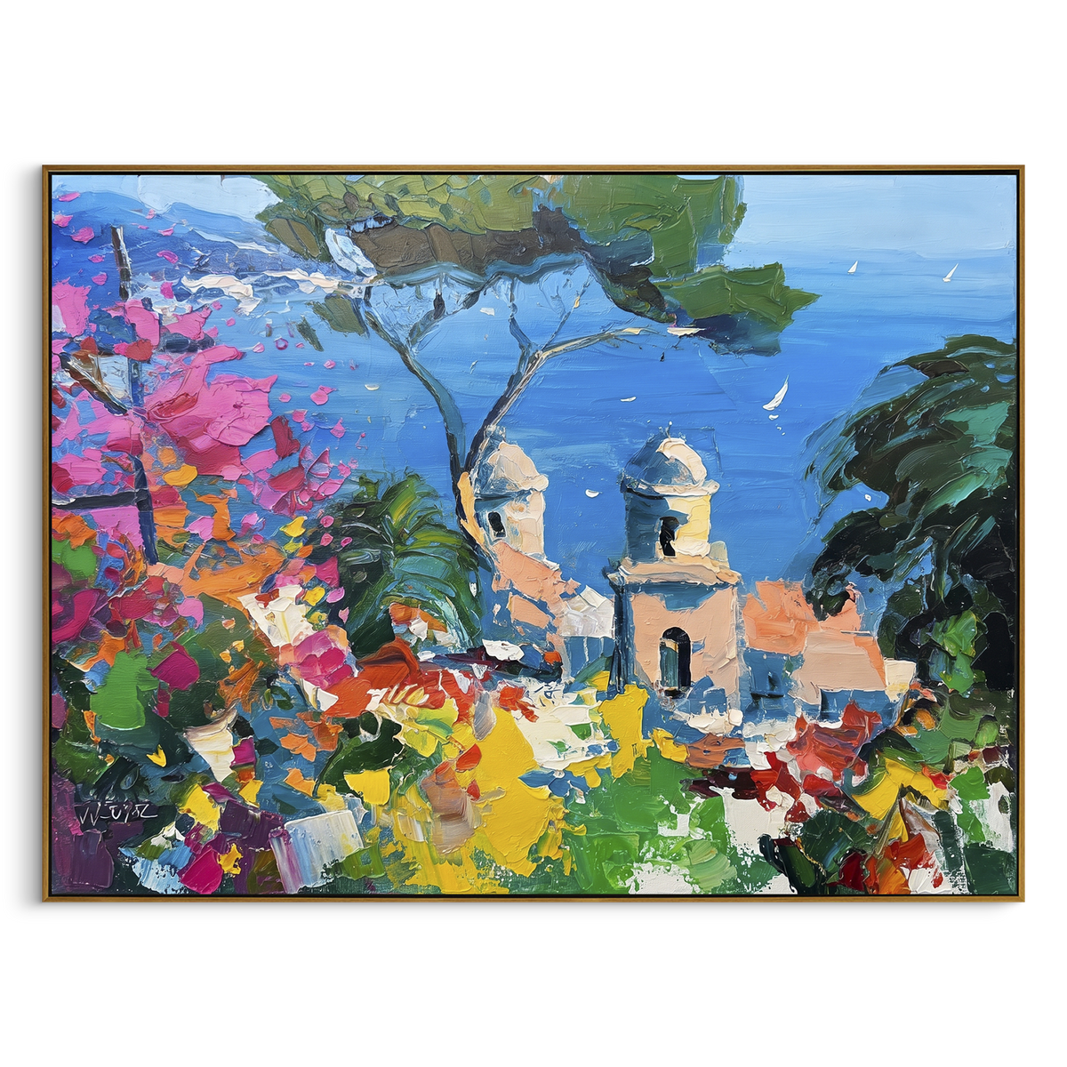 "Hillside Sea Coast Study Painting" - Modern Heavy Impasto Coastal Landscape | Blue & Green Palette Knife Painting | Luxury Horizontal Wall Art #PT 1661