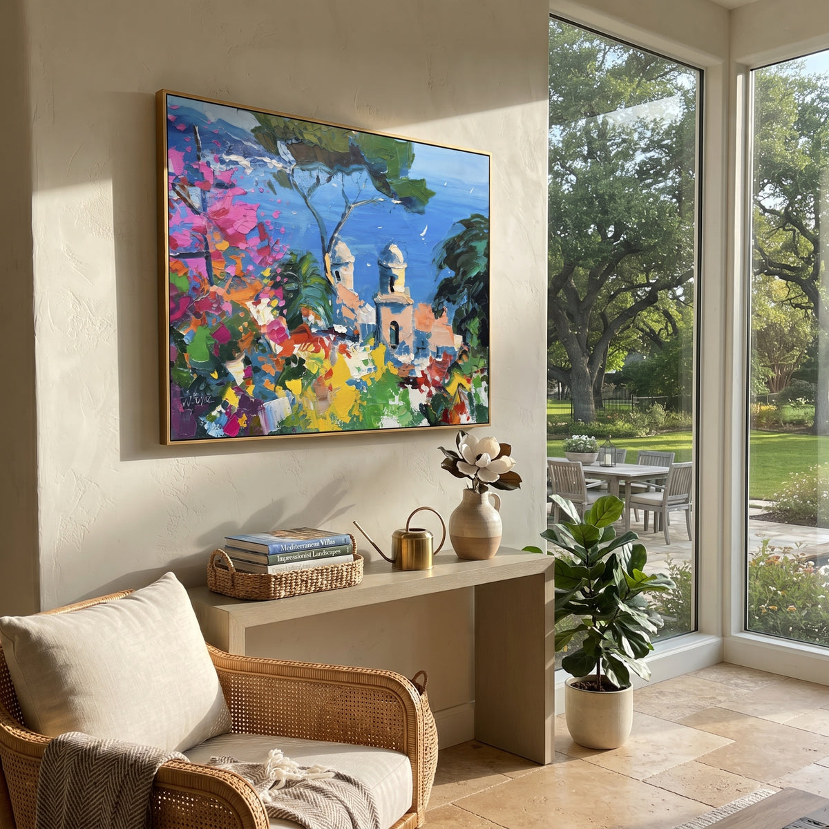 "Hillside Sea Coast Study Painting" focuses on atmosphere, surface movement, and sculptural heavy impasto craftsmanship rather than a fixed literal storyline. The composition uses this hand-painted Mediterranean canvas features steep coastal cliffs, hillside village, deep blue water, floral foreground, textured sky, built with raised palette-knife texture, layered brushwork, and luminous coastal color as the visual anchor, while layered palette-knife paint, raised plaster-like texture, and