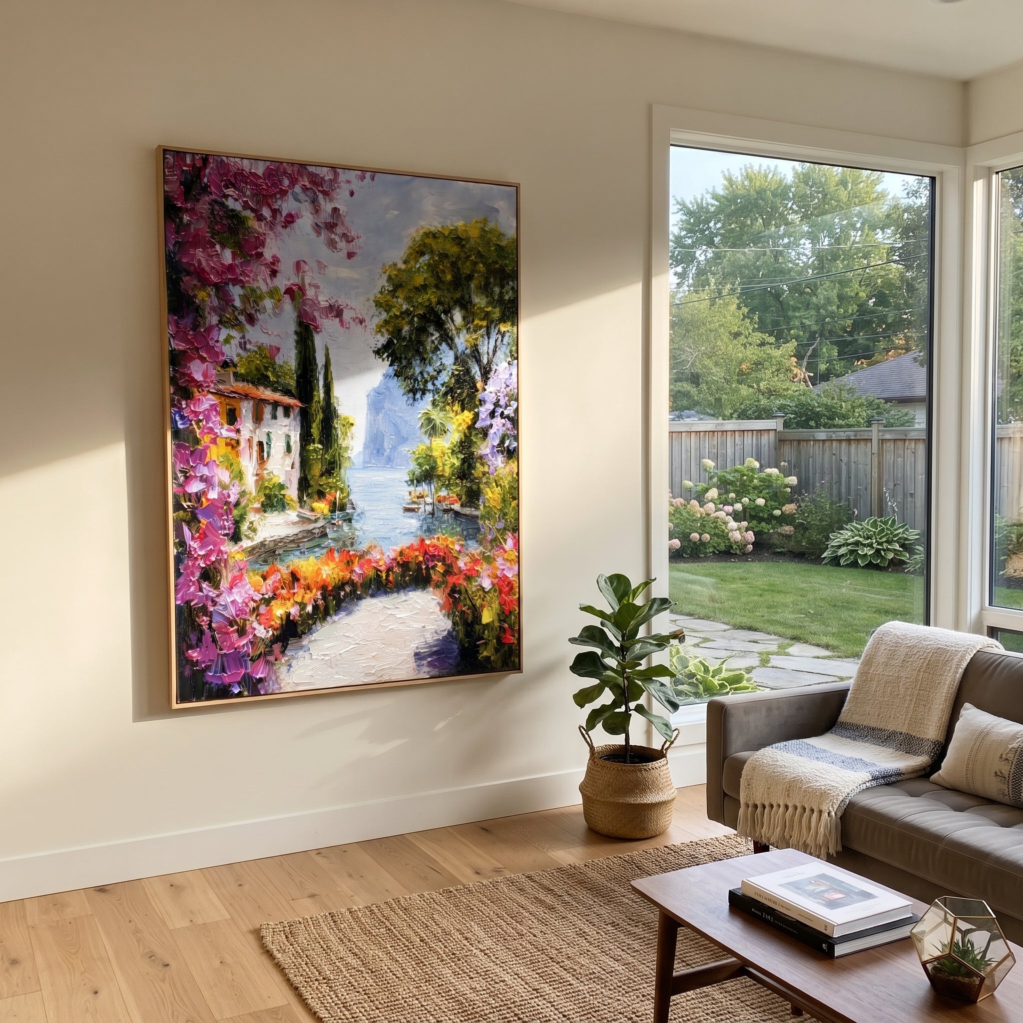 "Mediterranean Floral Passage Painting" focuses on atmosphere, surface movement, and sculptural heavy impasto craftsmanship rather than a fixed literal storyline. The composition uses this hand-painted Mediterranean canvas features whitewashed stone lane, cascading pink bougainvillea, blue sea opening, sunlit village walls, built with raised palette-knife texture, layered brushwork, and luminous coastal color as the visual anchor, while layered palette-knife paint, raised plaster-like texture