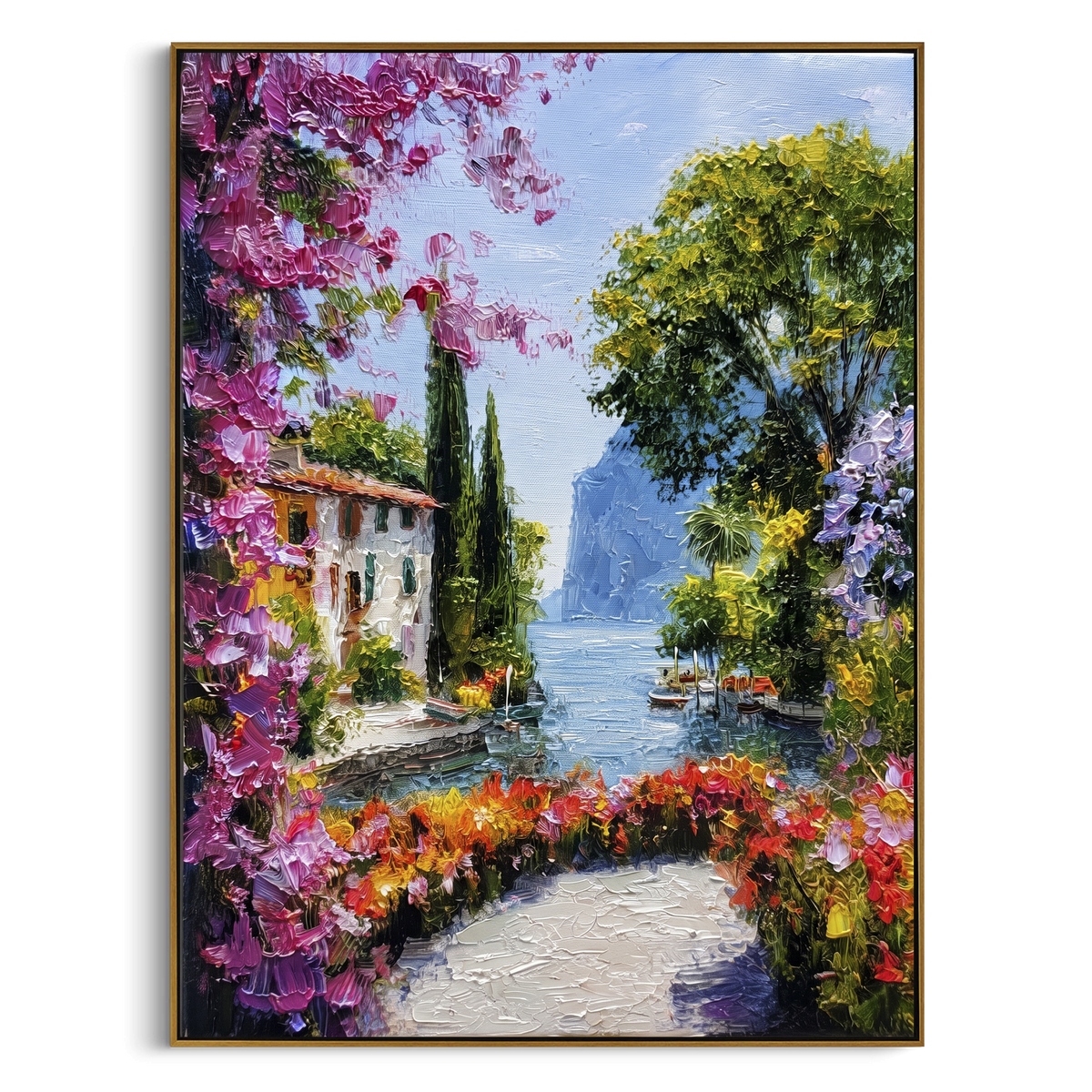 "Mediterranean Floral Passage Painting" - Modern Heavy Impasto Coastal Landscape | White & Blue Palette Knife Painting | Luxury Vertical Wall Art #PT 1662