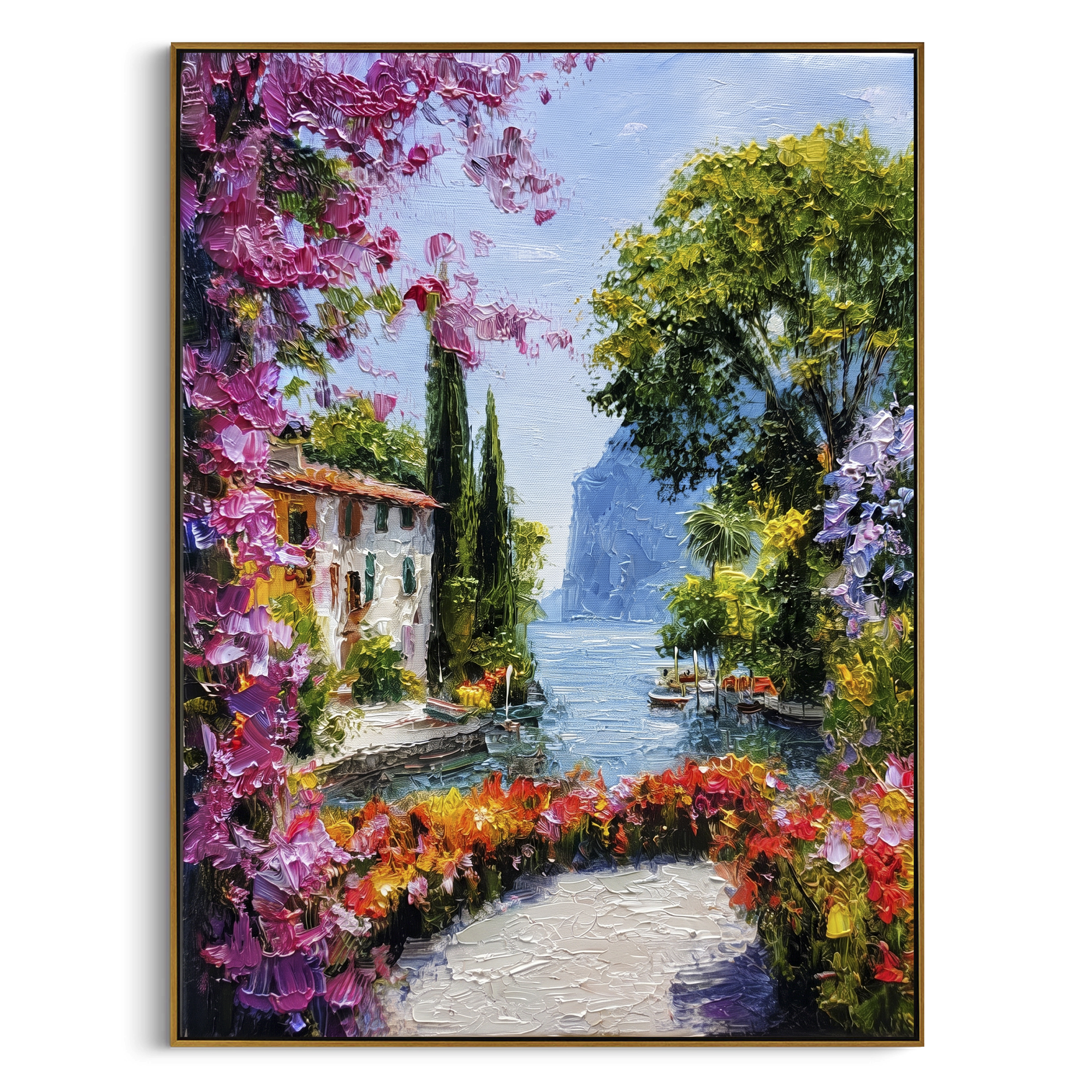 "Mediterranean Floral Passage Painting" focuses on atmosphere, surface movement, and sculptural heavy impasto craftsmanship rather than a fixed literal storyline. The composition uses this hand-painted Mediterranean canvas features whitewashed stone lane, cascading pink bougainvillea, blue sea opening, sunlit village walls, built with raised palette-knife texture, layered brushwork, and luminous coastal color as the visual anchor, while layered palette-knife paint, raised plaster-like texture