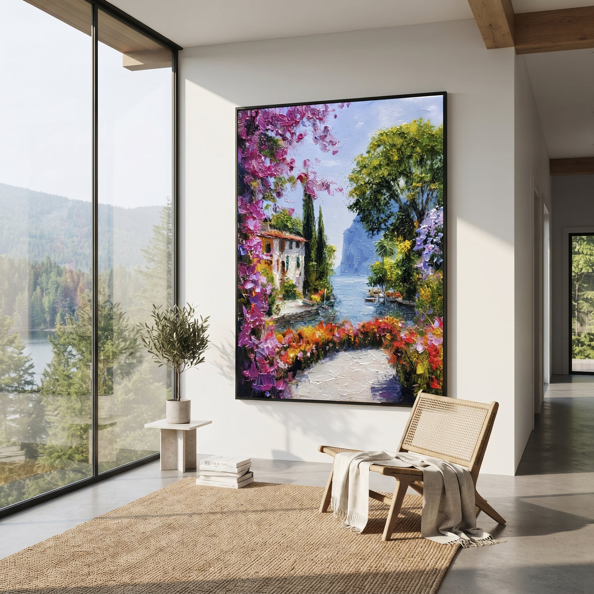 "Mediterranean Floral Passage Painting" focuses on atmosphere, surface movement, and sculptural heavy impasto craftsmanship rather than a fixed literal storyline. The composition uses this hand-painted Mediterranean canvas features whitewashed stone lane, cascading pink bougainvillea, blue sea opening, sunlit village walls, built with raised palette-knife texture, layered brushwork, and luminous coastal color as the visual anchor, while layered palette-knife paint, raised plaster-like texture