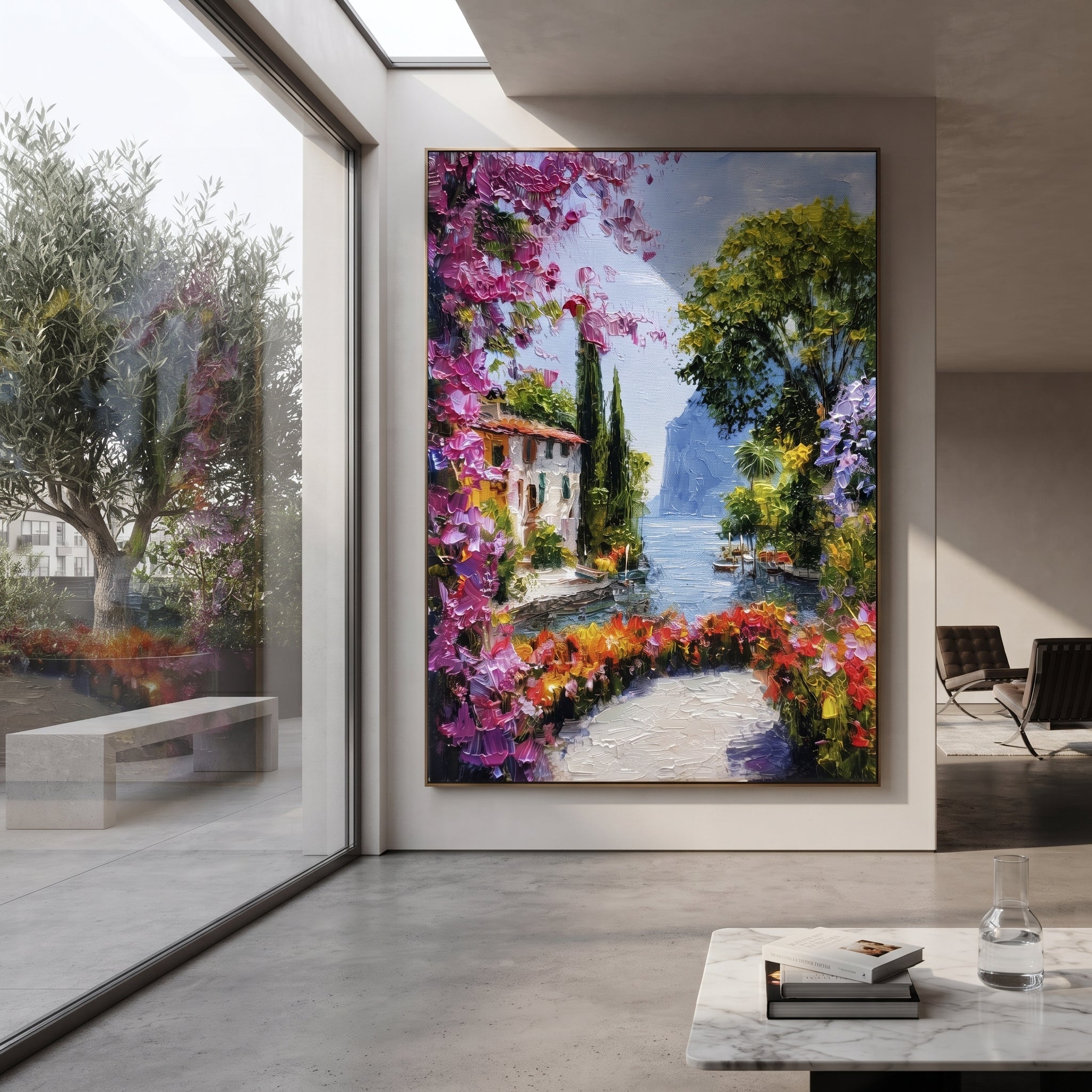 "Mediterranean Floral Passage Painting" focuses on atmosphere, surface movement, and sculptural heavy impasto craftsmanship rather than a fixed literal storyline. The composition uses this hand-painted Mediterranean canvas features whitewashed stone lane, cascading pink bougainvillea, blue sea opening, sunlit village walls, built with raised palette-knife texture, layered brushwork, and luminous coastal color as the visual anchor, while layered palette-knife paint, raised plaster-like texture