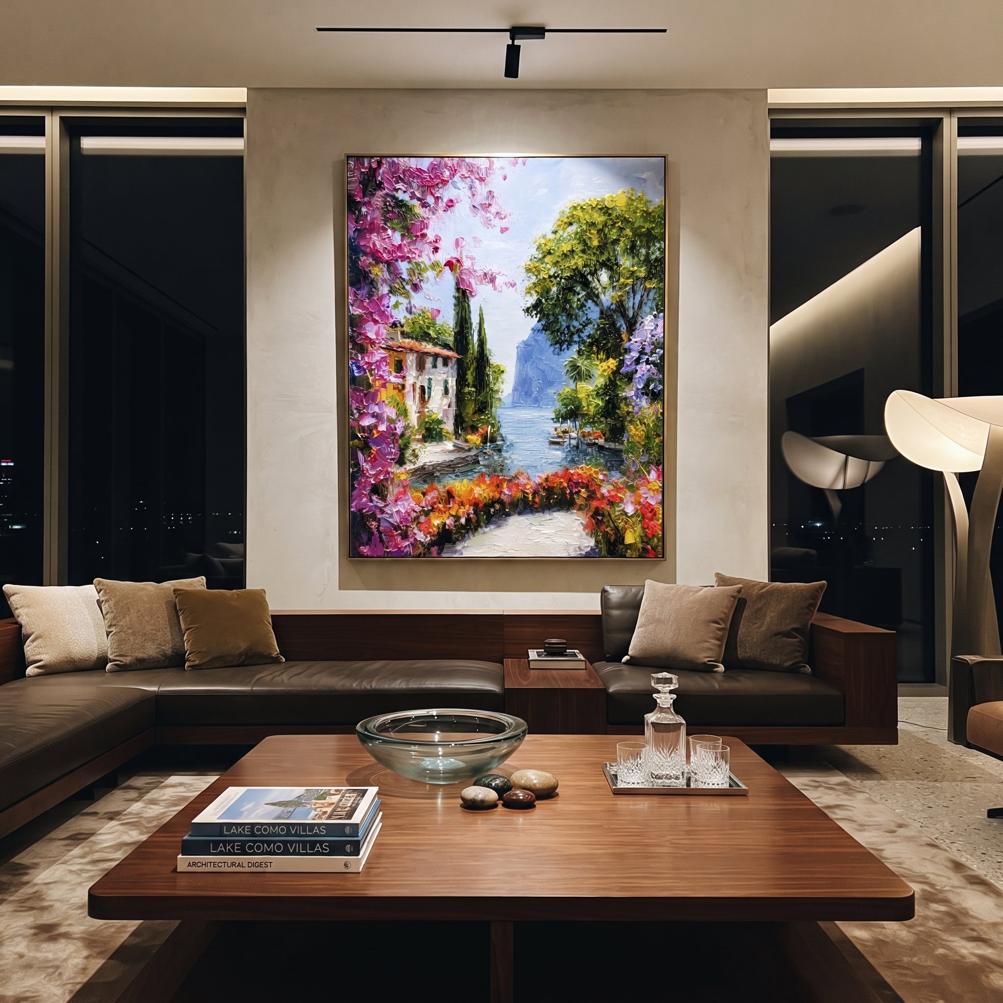 "Mediterranean Floral Passage Painting" focuses on atmosphere, surface movement, and sculptural heavy impasto craftsmanship rather than a fixed literal storyline. The composition uses this hand-painted Mediterranean canvas features whitewashed stone lane, cascading pink bougainvillea, blue sea opening, sunlit village walls, built with raised palette-knife texture, layered brushwork, and luminous coastal color as the visual anchor, while layered palette-knife paint, raised plaster-like texture