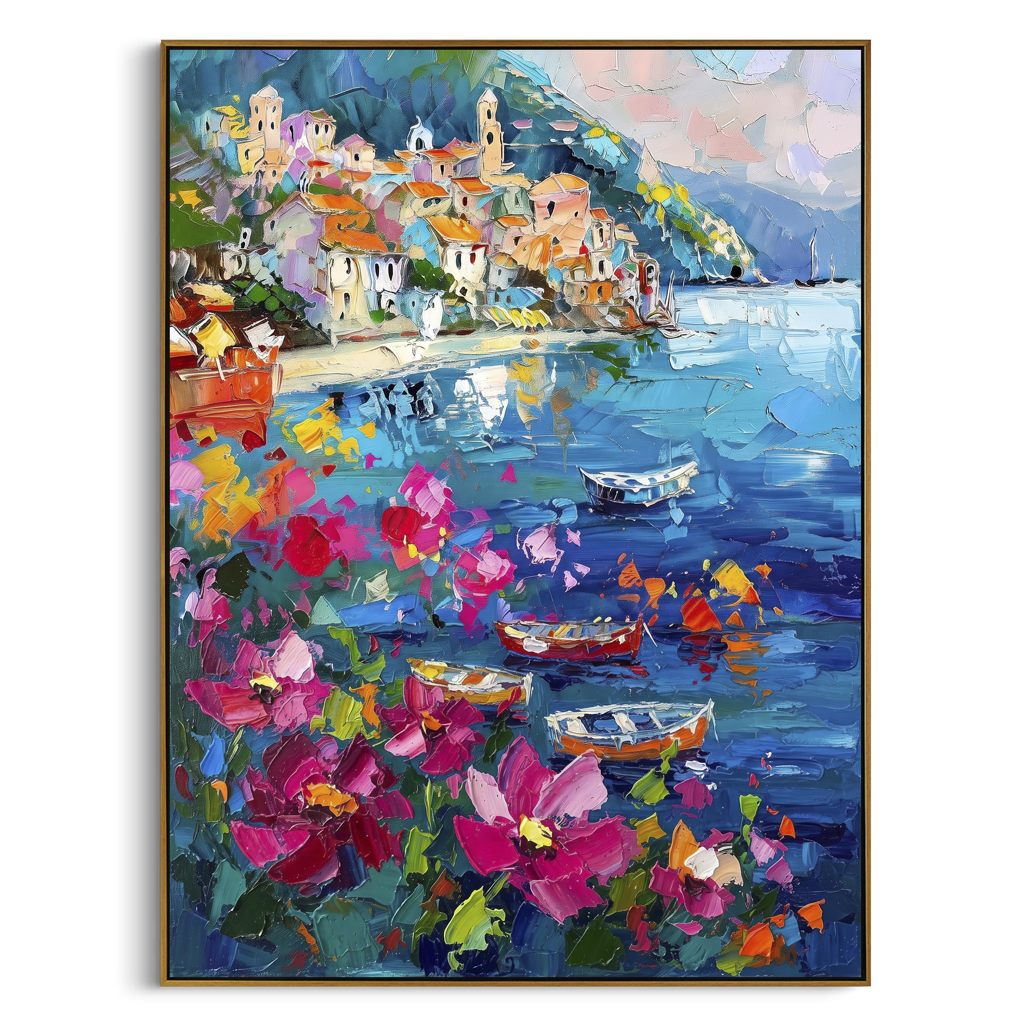 "Potted Flower Alley Painting" focuses on atmosphere, surface movement, and sculptural heavy impasto craftsmanship rather than a fixed literal storyline. The composition uses this hand-painted Mediterranean canvas features white Mediterranean alley, terracotta roofs, potted flowers, distant sea and mountain light, built with raised palette-knife texture, layered brushwork, and luminous coastal color as the visual anchor, while layered palette-knife paint, raised plaster-like texture, and