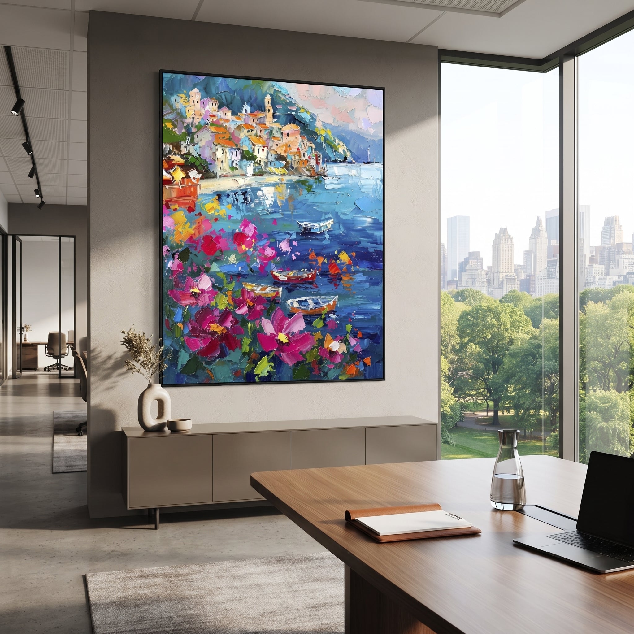 "Potted Flower Alley Painting" focuses on atmosphere, surface movement, and sculptural heavy impasto craftsmanship rather than a fixed literal storyline. The composition uses this hand-painted Mediterranean canvas features white Mediterranean alley, terracotta roofs, potted flowers, distant sea and mountain light, built with raised palette-knife texture, layered brushwork, and luminous coastal color as the visual anchor, while layered palette-knife paint, raised plaster-like texture, and