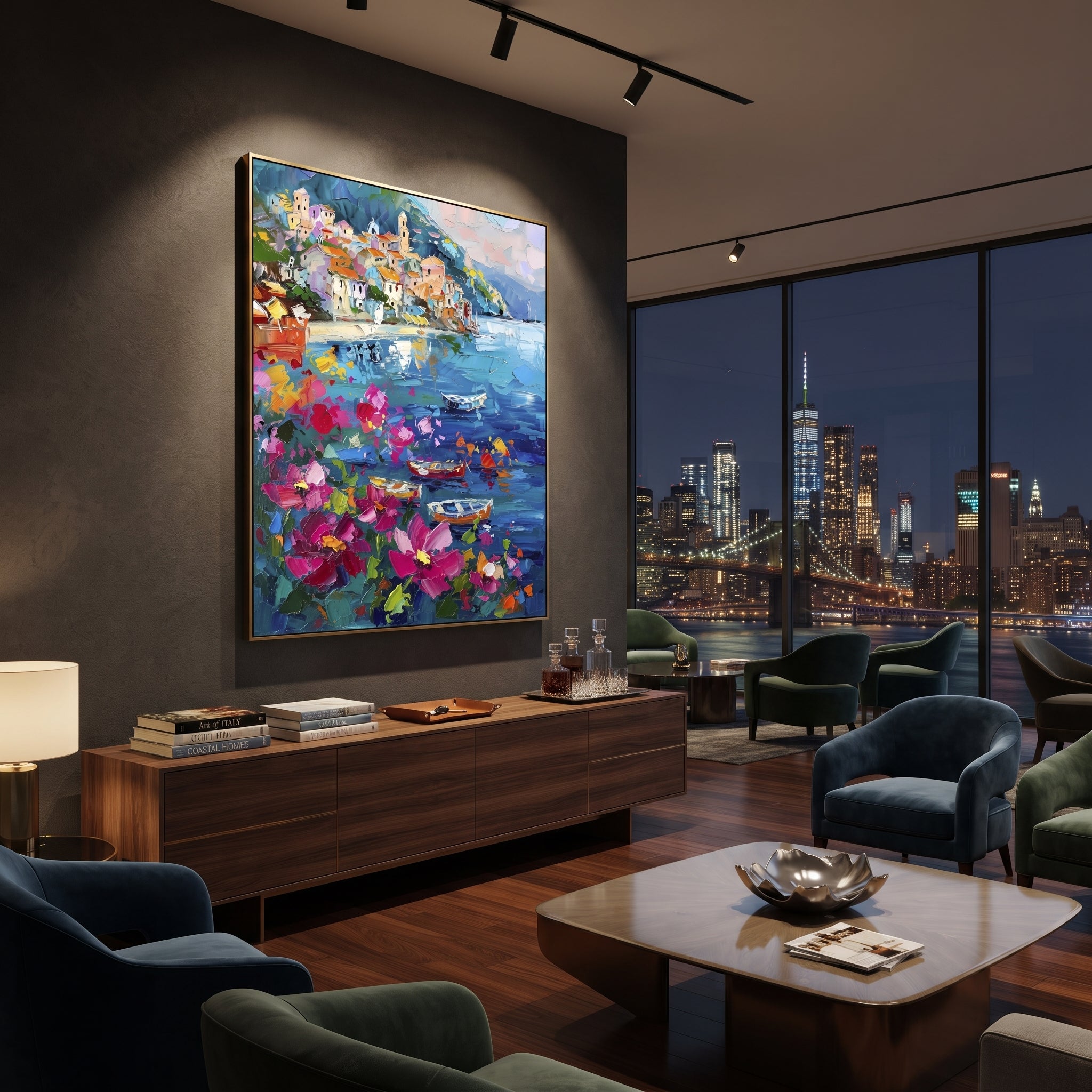 "Potted Flower Alley Painting" focuses on atmosphere, surface movement, and sculptural heavy impasto craftsmanship rather than a fixed literal storyline. The composition uses this hand-painted Mediterranean canvas features white Mediterranean alley, terracotta roofs, potted flowers, distant sea and mountain light, built with raised palette-knife texture, layered brushwork, and luminous coastal color as the visual anchor, while layered palette-knife paint, raised plaster-like texture, and