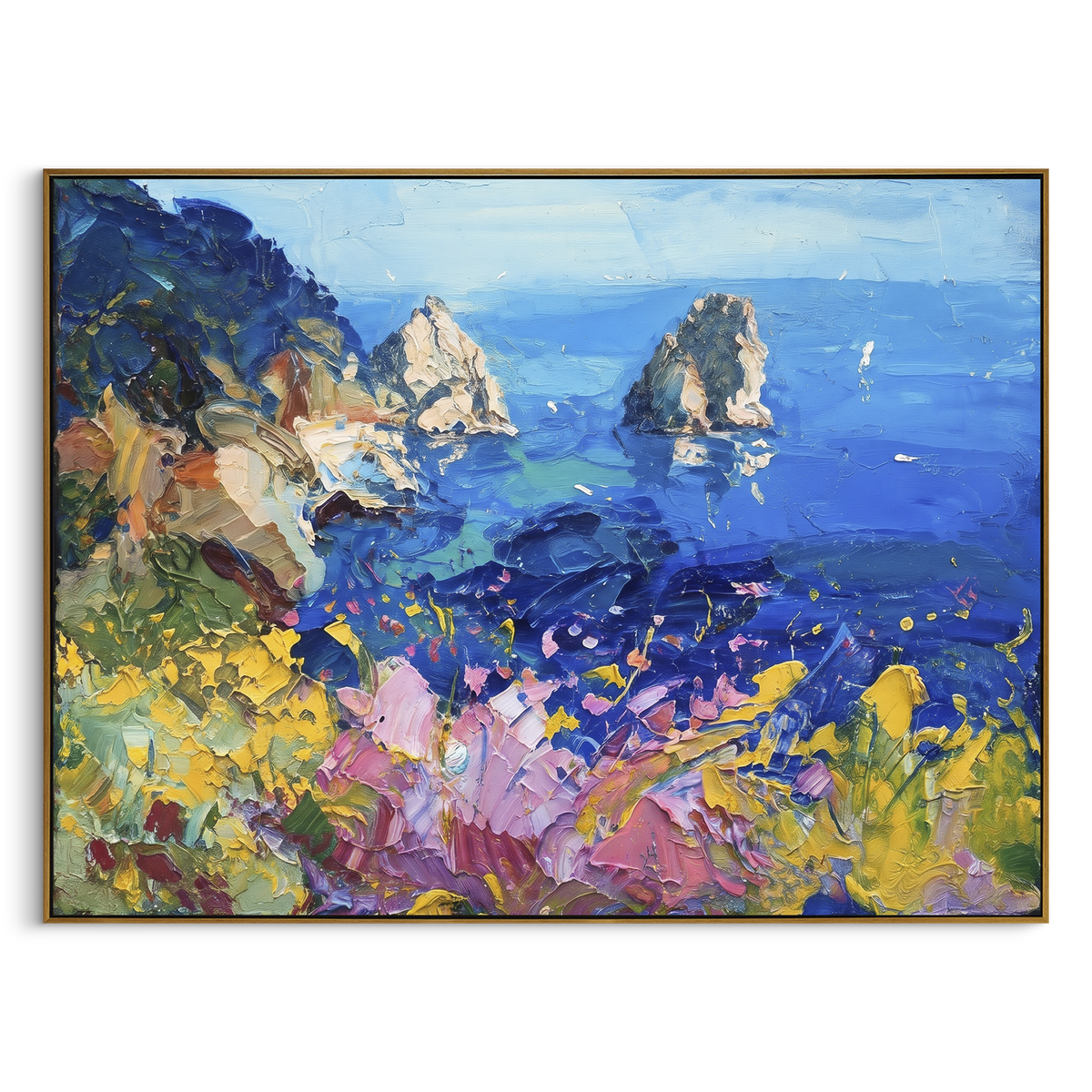 "Sailing Coast Garden Coastal with Harbor Boats Painting" focuses on atmosphere, surface movement, and sculptural heavy impasto craftsmanship rather than a fixed literal storyline. The composition uses this hand-painted Mediterranean canvas features sailboats on a blue bay, flowering terrace, coastal town and luminous summer sky, built with raised palette-knife texture, layered brushwork, and luminous coastal color as the visual anchor, while layered palette-knife paint, raised plaster-like