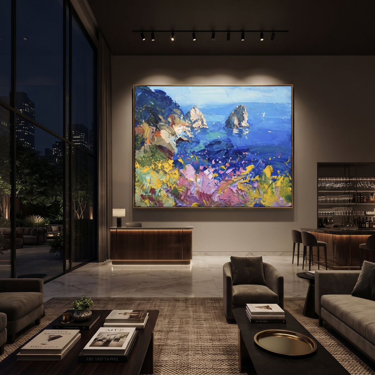 "Sailing Coast Garden Coastal with Harbor Boats Painting" focuses on atmosphere, surface movement, and sculptural heavy impasto craftsmanship rather than a fixed literal storyline. The composition uses this hand-painted Mediterranean canvas features sailboats on a blue bay, flowering terrace, coastal town and luminous summer sky, built with raised palette-knife texture, layered brushwork, and luminous coastal color as the visual anchor, while layered palette-knife paint, raised plaster-like