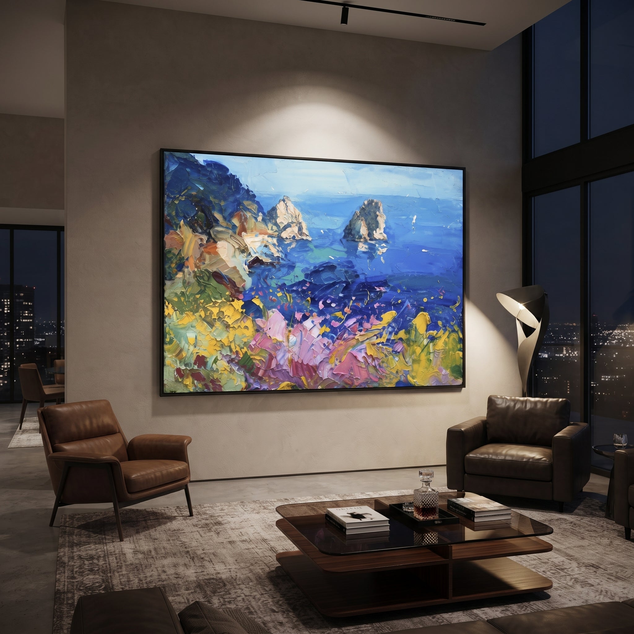 "Sailing Coast Garden Coastal with Harbor Boats Painting" focuses on atmosphere, surface movement, and sculptural heavy impasto craftsmanship rather than a fixed literal storyline. The composition uses this hand-painted Mediterranean canvas features sailboats on a blue bay, flowering terrace, coastal town and luminous summer sky, built with raised palette-knife texture, layered brushwork, and luminous coastal color as the visual anchor, while layered palette-knife paint, raised plaster-like