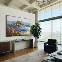 "Rocky Coast Village Study Painting" focuses on atmosphere, surface movement, and sculptural heavy impasto craftsmanship rather than a fixed literal storyline. The composition uses this hand-painted Mediterranean canvas features steep coastal cliffs, hillside village, deep blue water, floral foreground, textured sky, built with raised palette-knife texture, layered brushwork, and luminous coastal color as the visual anchor, while layered palette-knife paint, raised plaster-like texture, and