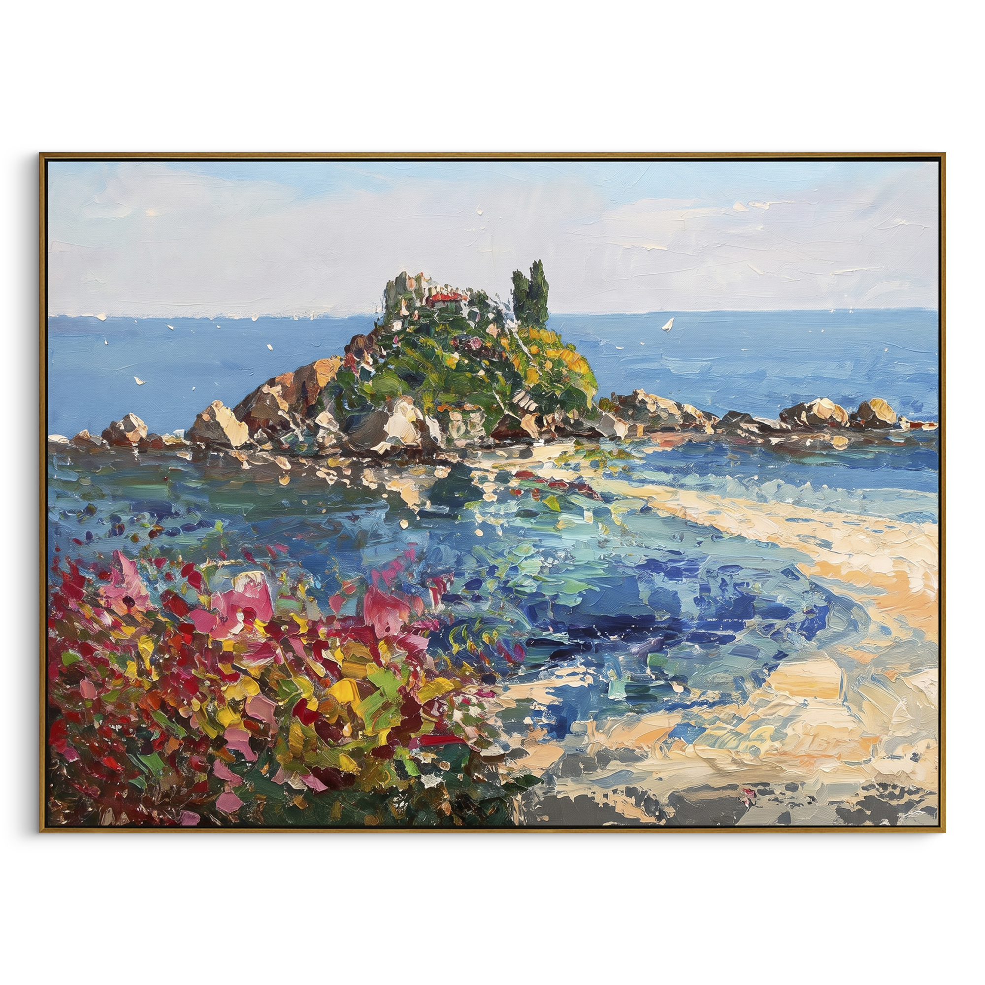 "Rocky Coast Village Study Painting" focuses on atmosphere, surface movement, and sculptural heavy impasto craftsmanship rather than a fixed literal storyline. The composition uses this hand-painted Mediterranean canvas features steep coastal cliffs, hillside village, deep blue water, floral foreground, textured sky, built with raised palette-knife texture, layered brushwork, and luminous coastal color as the visual anchor, while layered palette-knife paint, raised plaster-like texture, and