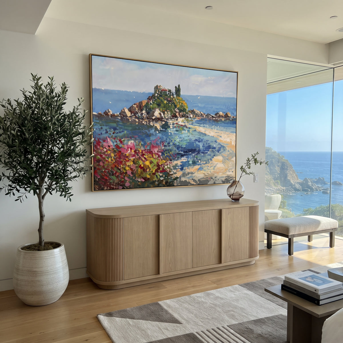 "Rocky Coast Village Study Painting" focuses on atmosphere, surface movement, and sculptural heavy impasto craftsmanship rather than a fixed literal storyline. The composition uses this hand-painted Mediterranean canvas features steep coastal cliffs, hillside village, deep blue water, floral foreground, textured sky, built with raised palette-knife texture, layered brushwork, and luminous coastal color as the visual anchor, while layered palette-knife paint, raised plaster-like texture, and